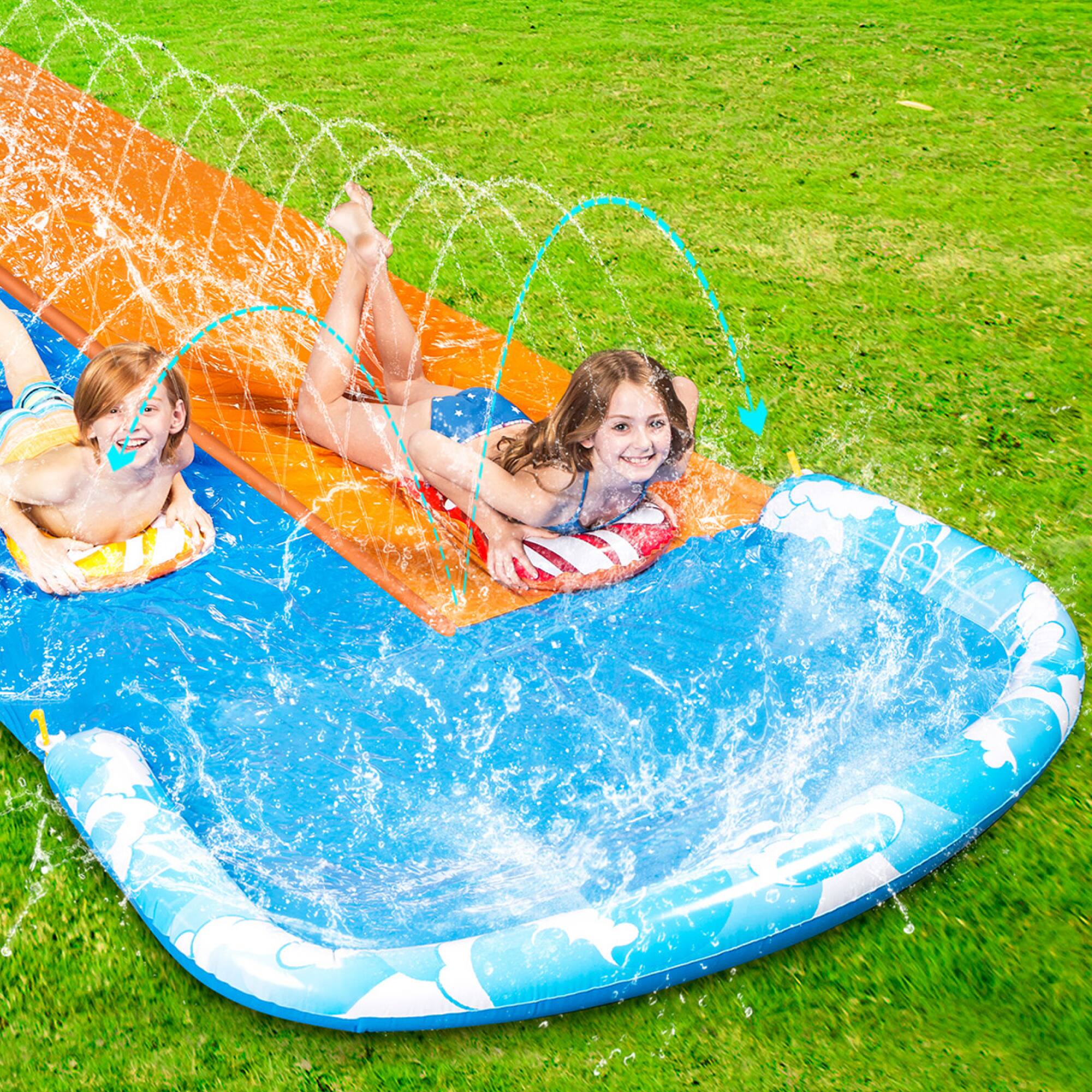 Angle. Joyfy - 32.5ft Slip Water Slide with 2 Inflatable Boards, Summer Double Lawn Water Slip with Sprinkler, Splash Mat for Kid Adult.