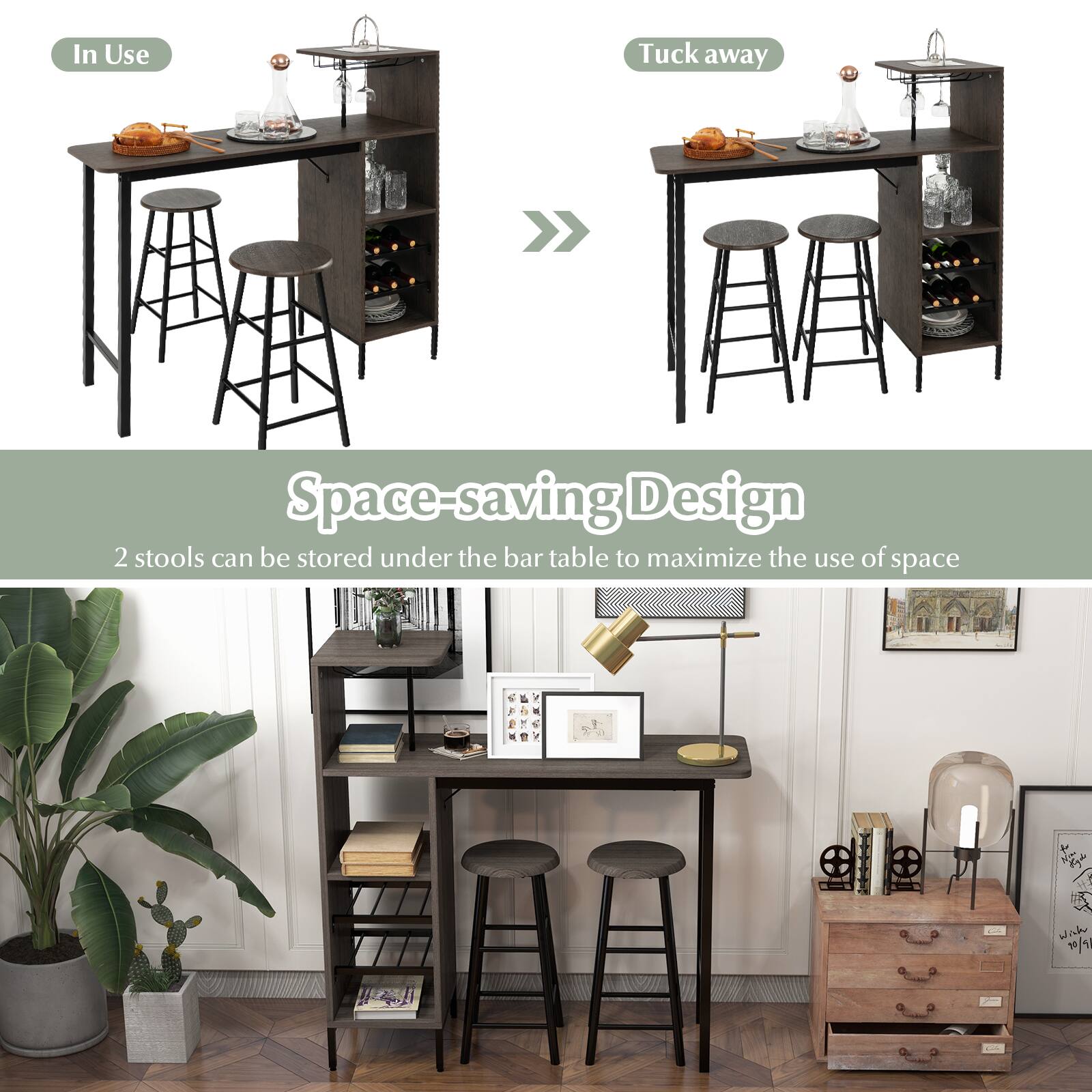 In Use, Tuck away, Space-saving Design, 2 stools can be stored under the bar table to maximize the use of space