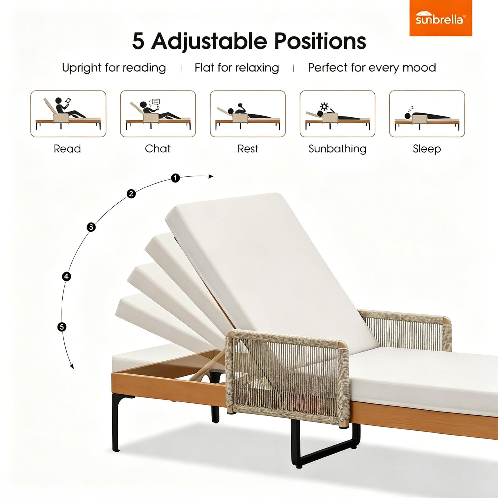 sunbrella* 5 Adjustable Positions Upright for reading | Flat for relaxing | Perfect for every mood Read Chat Rest Sunbathing Sleep