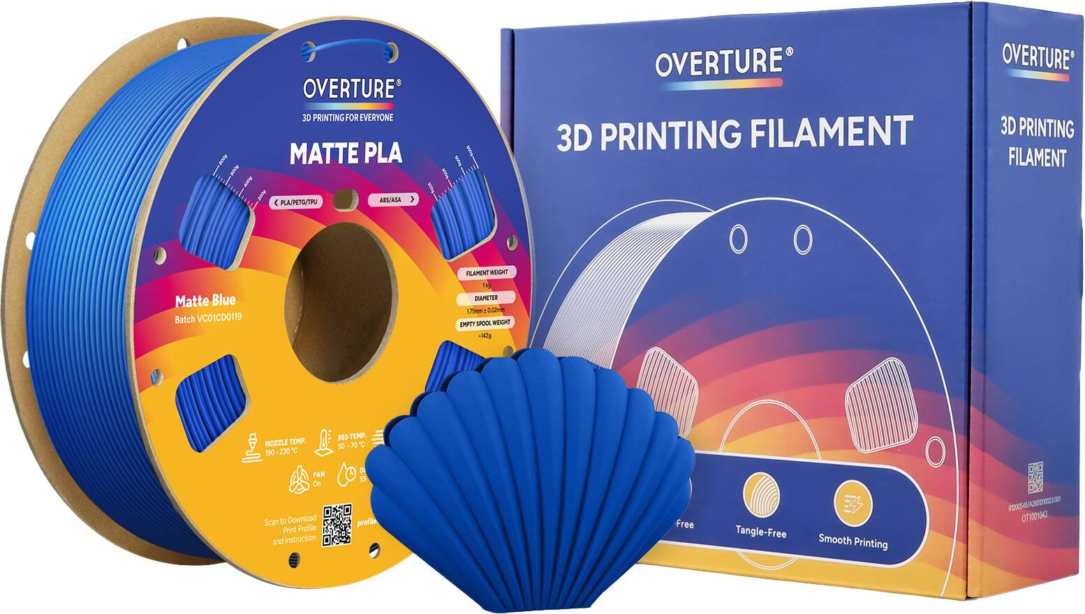 OVERTURE 3D PRINTING FOR EVERYONE  
MATTE PLA  
OVERTURE 3D PRINTING FILAMENT  

MATTE PLA  
Matte Blue  
Batch VC01CD0119  

FILAMENT WEIGHT: 1.002kg  
DIAMETER: 1.75mm  

EMPTY SPOOL WEIGHT: 342g  

NOZZLE TEMP: 190-230°C  
BED TEMP: 50-70°C  

FAN: On  

Scan to Download Print Profile and Instruction  

DI 55 profile  
Free  

Tangle-Free Smooth Printing  

OC 0SAS/A20OZS  
OTYOON3