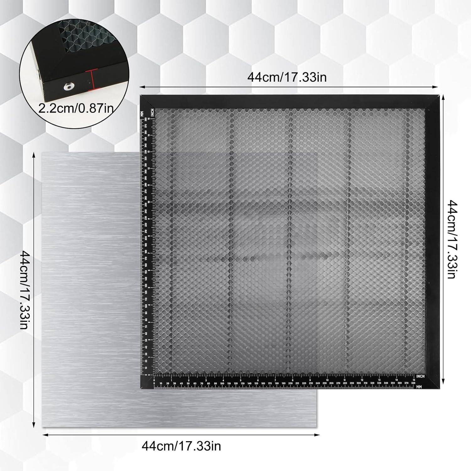 The image shows a square mesh screen with a ruler measuring 44cm/17.33in. The ruler is placed on top of the mesh screen, indicating its size. The mesh screen is made of a silver material and is designed for use in various applications.