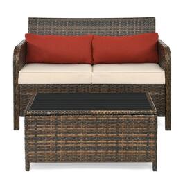 Kadyn - 2 Pieces Cushioned Patio Rattan Furniture Set with Coffee Table and Washable Cushion for Yard Porch - Red
