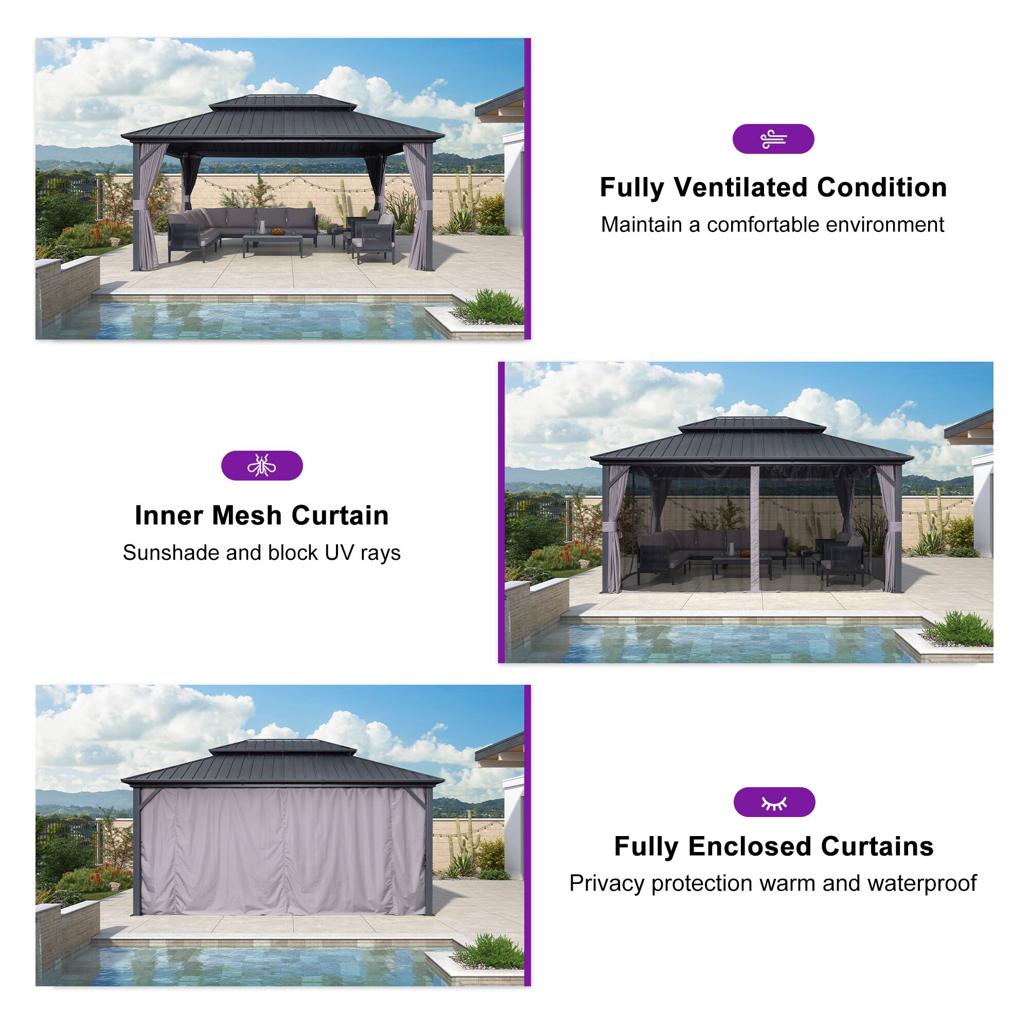 - Fully Ventilated Condition  
  Maintain a comfortable environment

- Inner Mesh Curtain  
  Sunshade and block UV rays

- Fully Enclosed Curtains  
  Privacy protection warm and waterproof