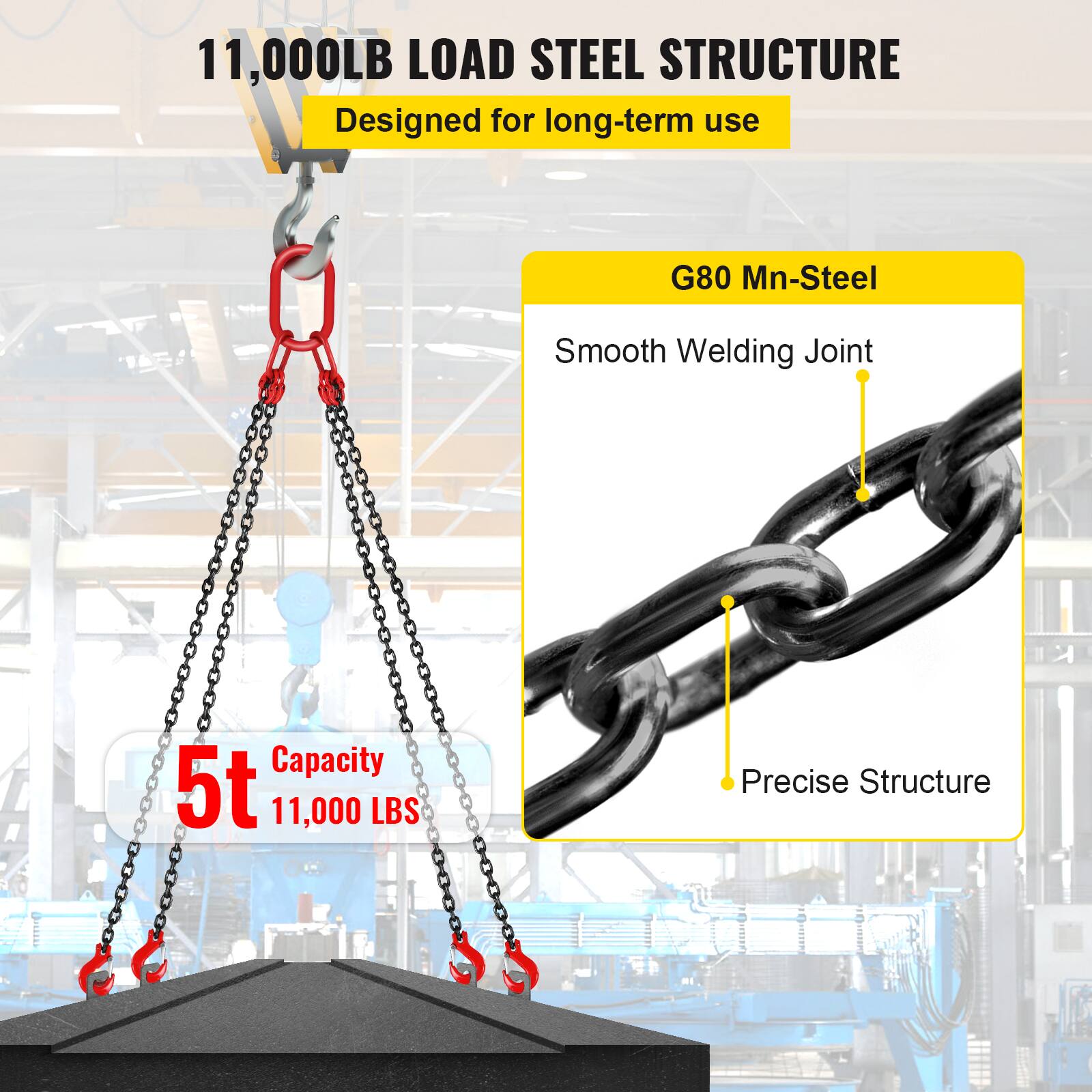 11,000LB LOAD STEEL STRUCTURE  
Designed for long-term use  

G80 Mn-Steel  
Smooth Welding Joint  
Precise Structure  

5t Capacity  
11,000 LBS