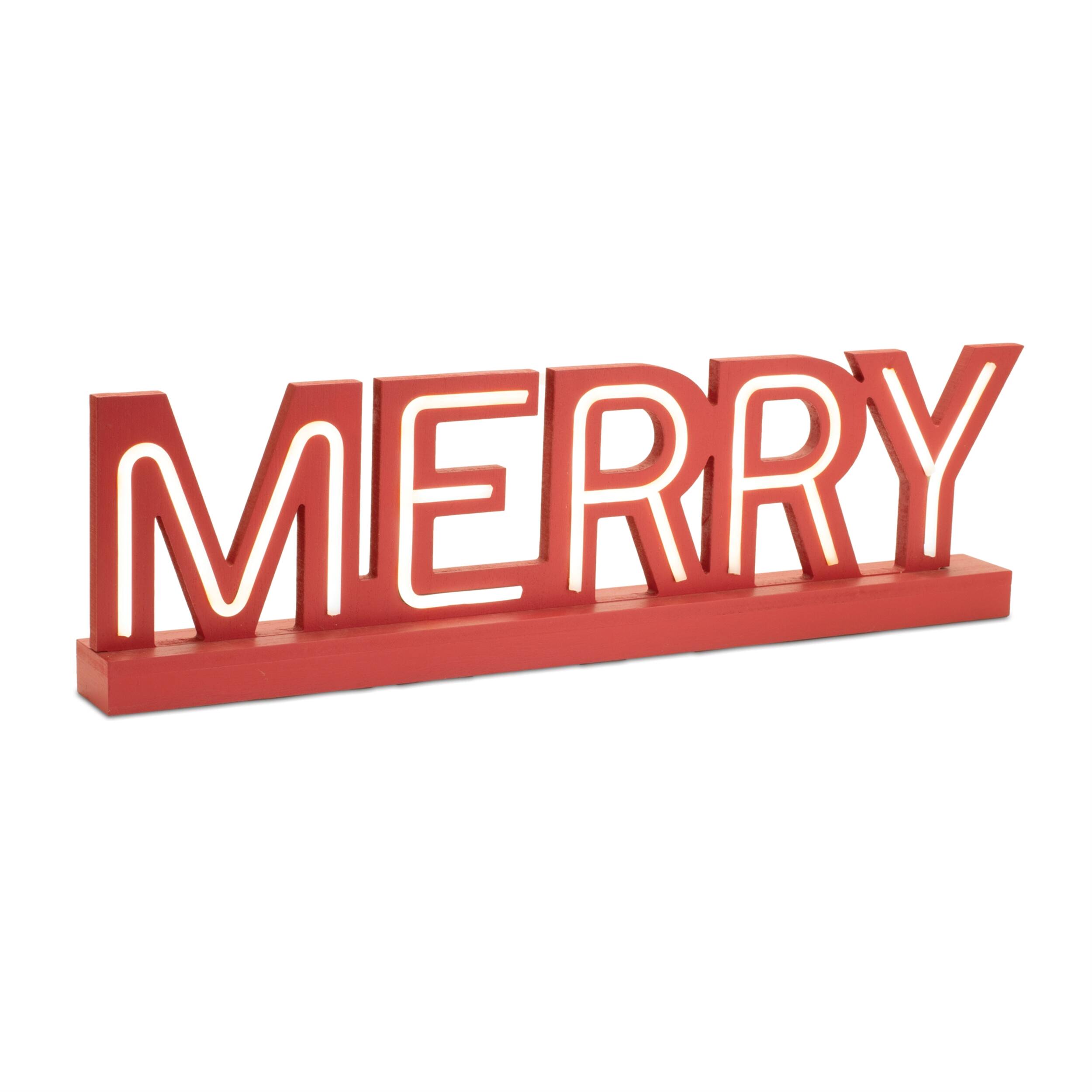Left. BreeBe - LED Joy and Merry Tabletop Sign (Set of 2) - Red, White.