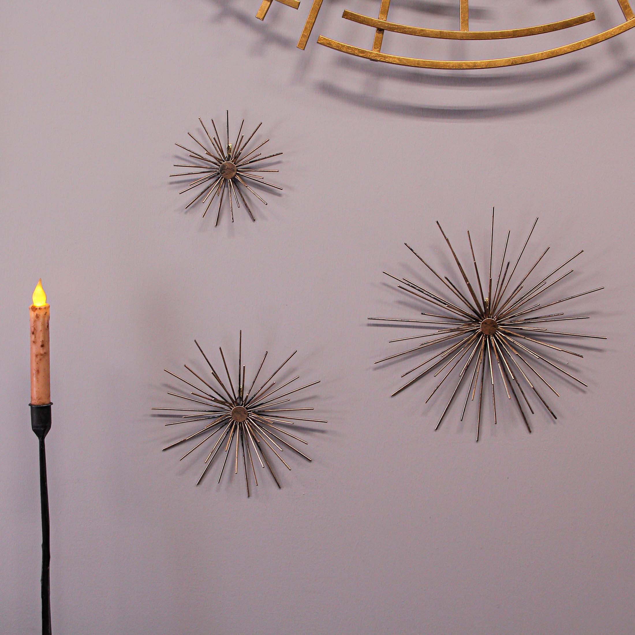 Alt View 4. Zeckos - Aged Brass Finish Mid-Century Modern Atomic Star Burst Wall Sculptures Set of 3 - Bronze.