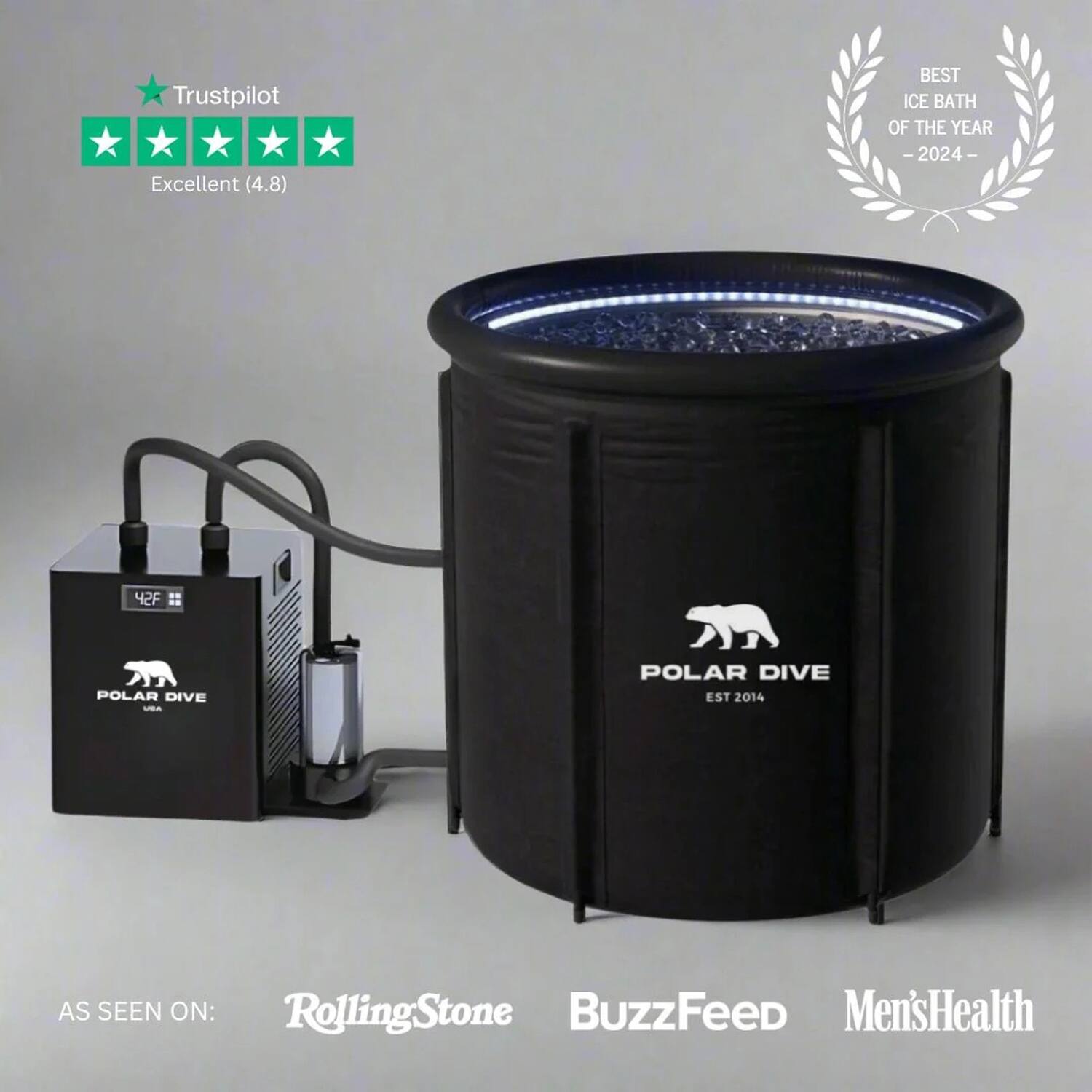Trustpilot  
Excellent (4.8)

BEST ICE BATH OF THE YEAR - 2024

POLAR DIVE  
EST 2014

42F

AS SEEN ON:  
RollingStone  
BuzzFeed  
Men's Health