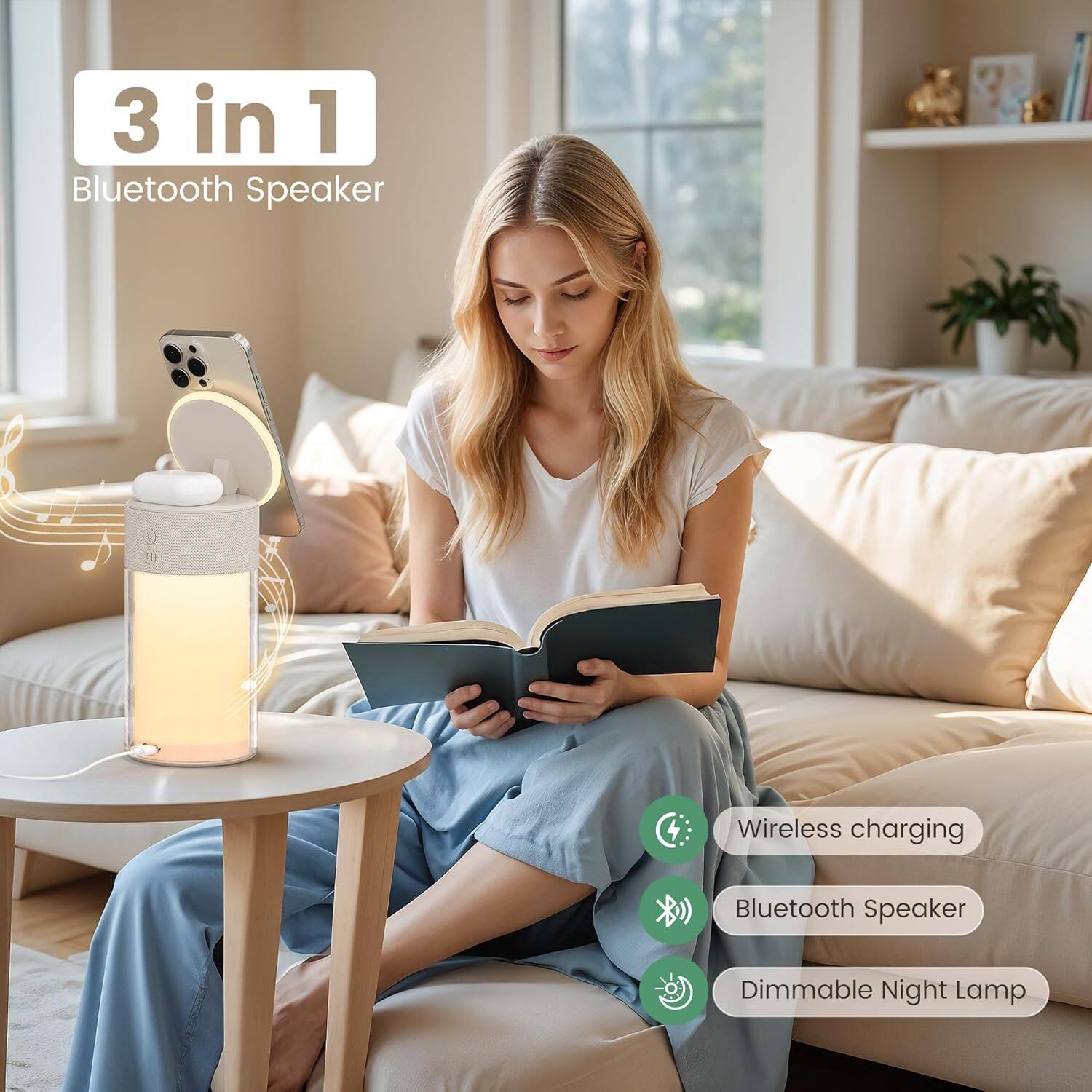 3 in 1  
Bluetooth Speaker  

- Wireless charging  
- Bluetooth Speaker  
- Dimmable Night Lamp