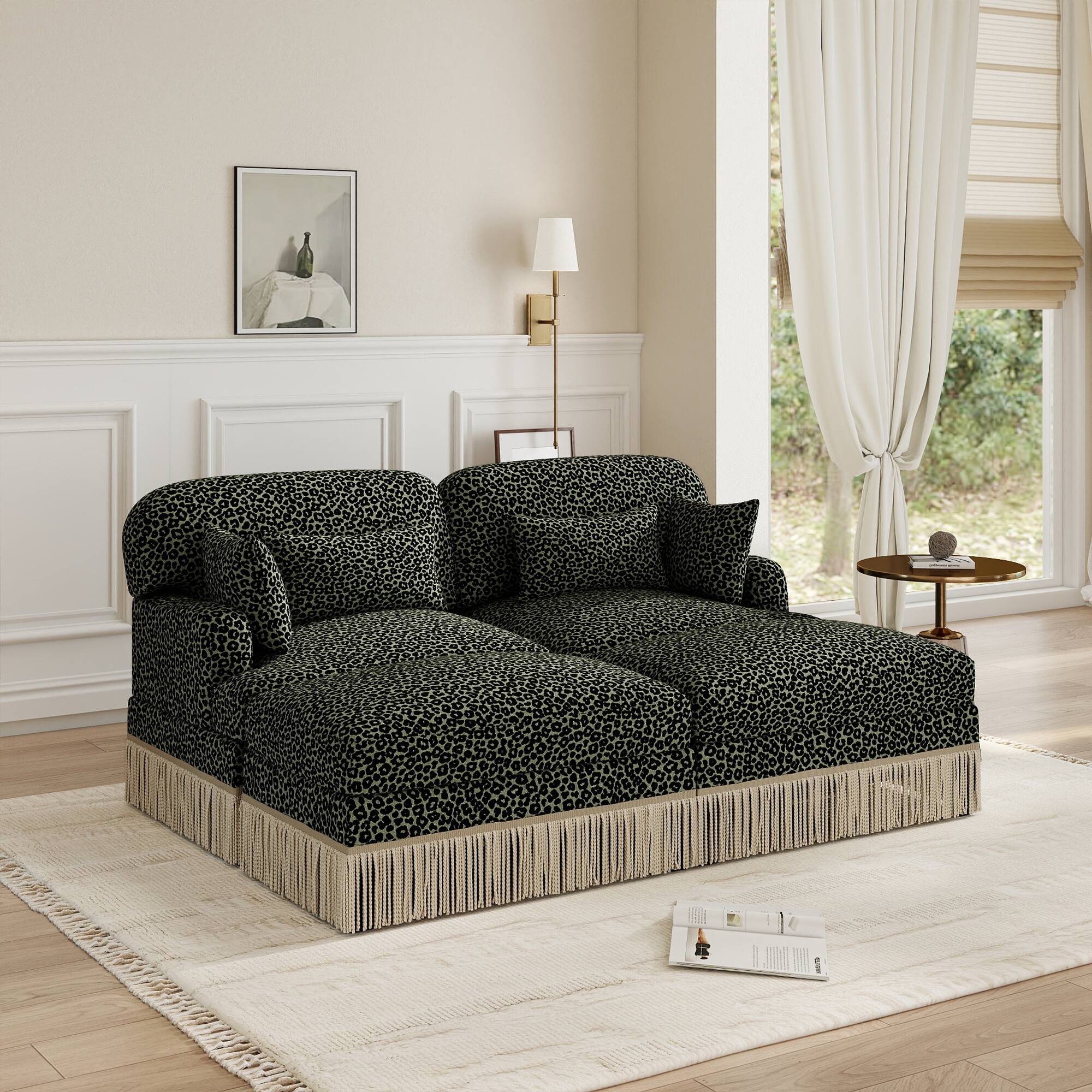 Angle. Anysun - Modular Comfy Leopard Printing Loveseat with Exquisite Tassel Trimmings and 2 Movable Ottomans - Green.