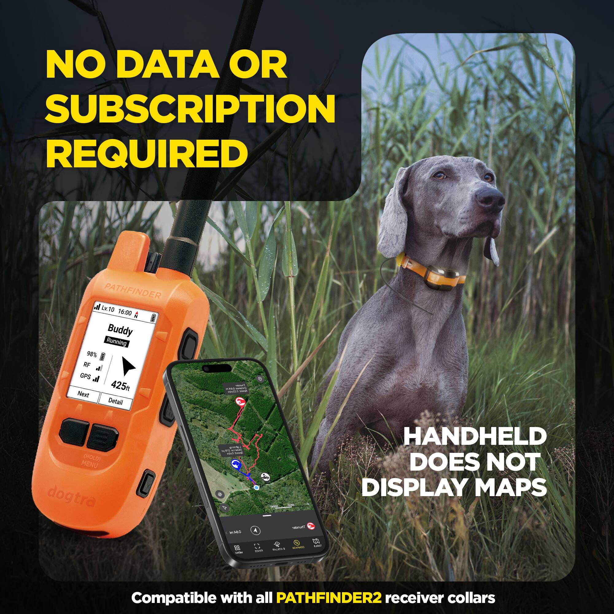NO DATA OR SUBSCRIPTION REQUIRED

PATHFINDER at Lv.10 13 16:00

Buddy Running 98% I RF al GPS a 425 New! Detall - (MOLD) MENU

dogtra

HANDHELD DOES NOT DISPLAY MAPS

Compatible with all PATHFINDER2 receiver collars