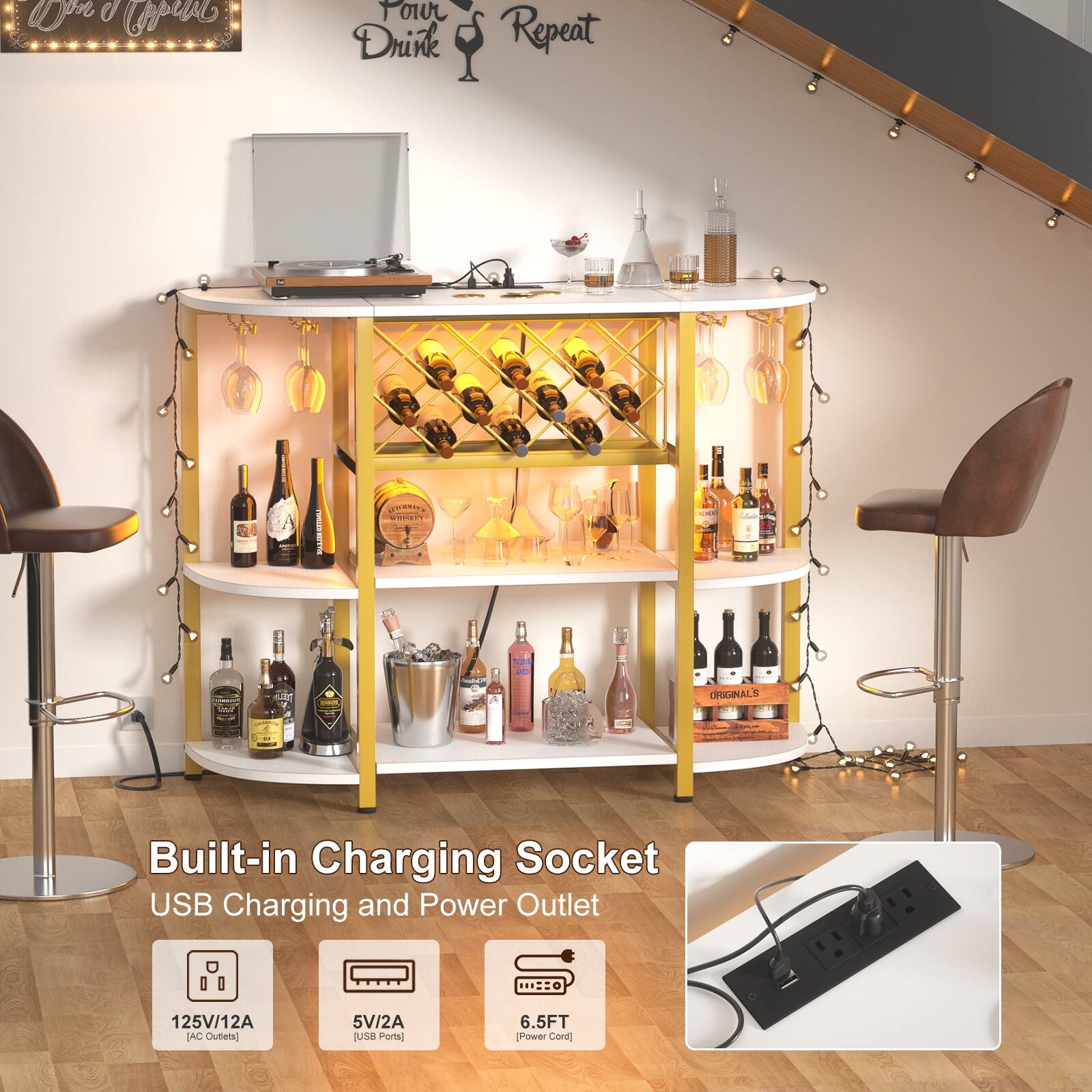 Wine & Cheers  
Drink & Repeat

Built-in Charging Socket  
USB Charging and Power Outlet  
125V/12A (AC Outlets)  
5V/2A (USB Ports)  
6.5FT (Power Cord)