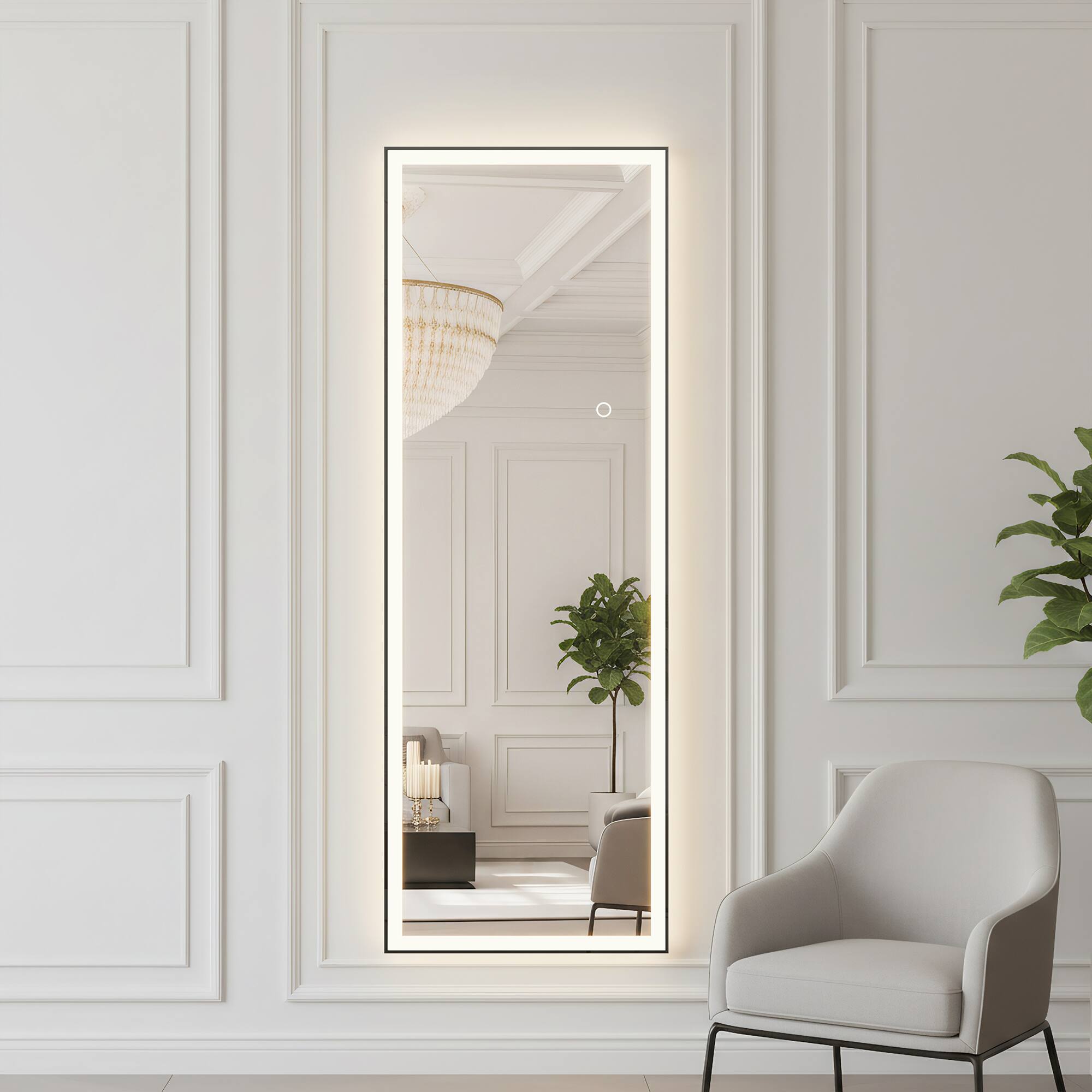 Angle. Spaco - Spaco 64 x 21 Rectangle Black Framed Led Full-Length Tempered Mirror with Adjustable 3-Color LED Light - Black.