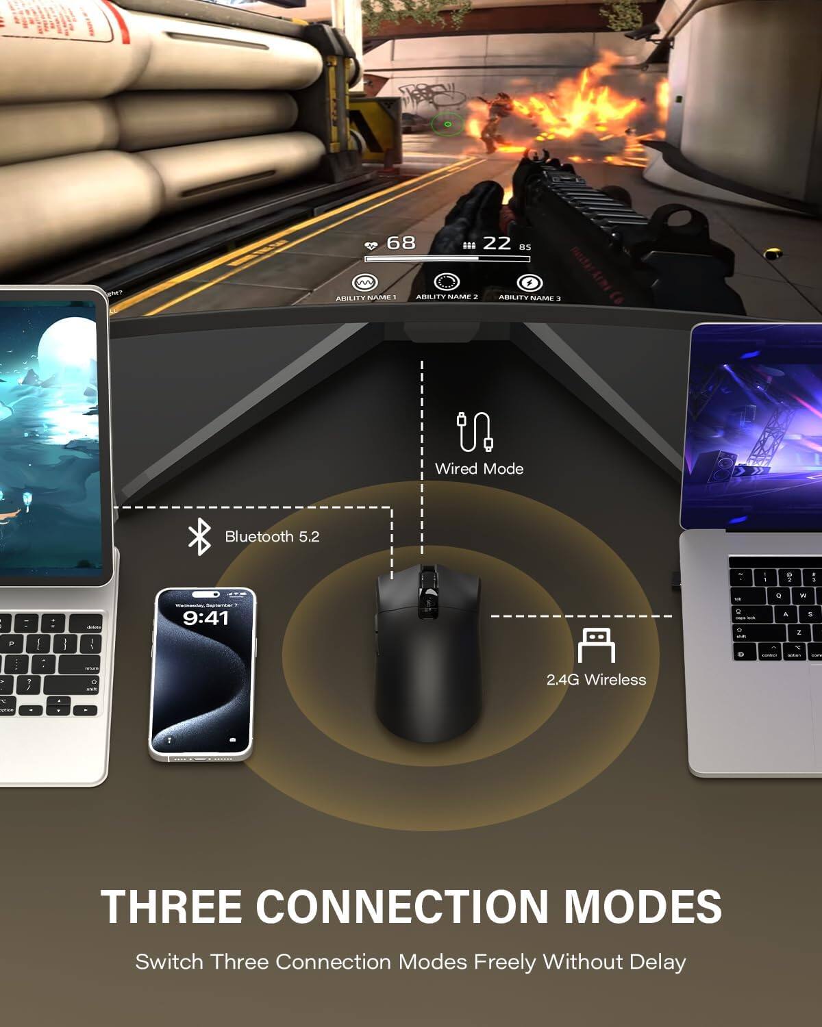 68 ... 22 ES M + ABILITY NAME - ABLITY NAME a ABLITY NAME Wired Mode Bluetooth 5.2 T I F I I 9:41 - 9 5 - a A W S 2   I - 2.4G Wireless 1 1 THREE CONNECTION MODES Switch Three Connection Modes Freely Without Delay

Corrected text:

68 ... 22 ES M + ABILITY NAME 1 - ABILITY NAME 2 - ABILITY NAME 3 Wired Mode Bluetooth 5.2 T I F I I 9:41 - 9 5 - a A W S 2   I - 2.4G Wireless 1 1 THREE CONNECTION MODES Switch Three Connection Modes Freely Without Delay