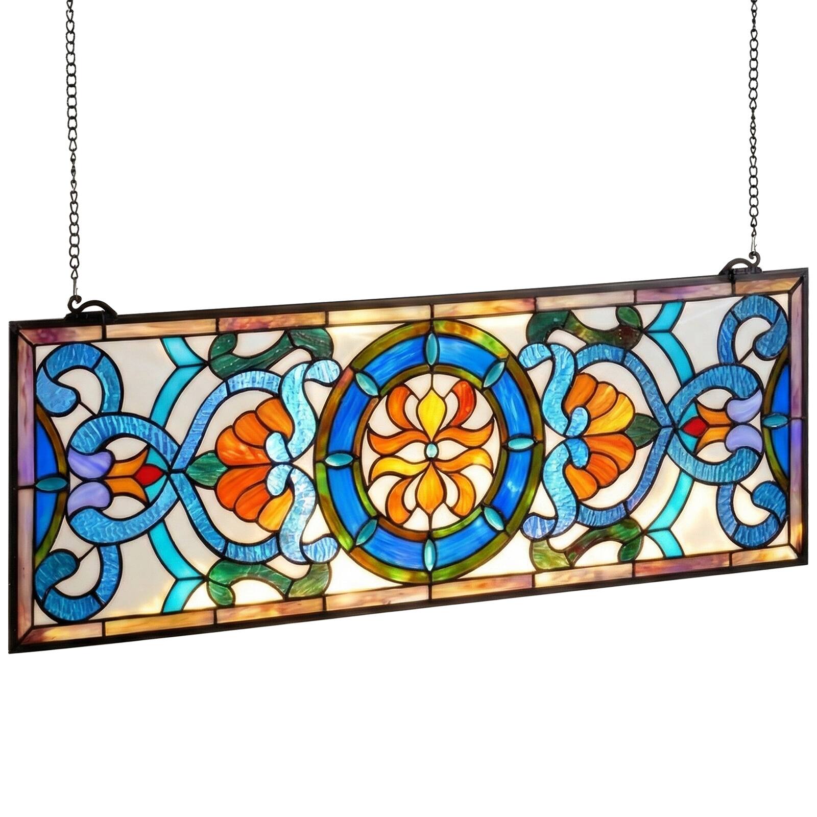 Alt View 5. VEVOR - Stained Glass Window Panel, 35.1" x 12.9" Tiffany Style Hanging Transom Window Panel with Chain - Colorful.