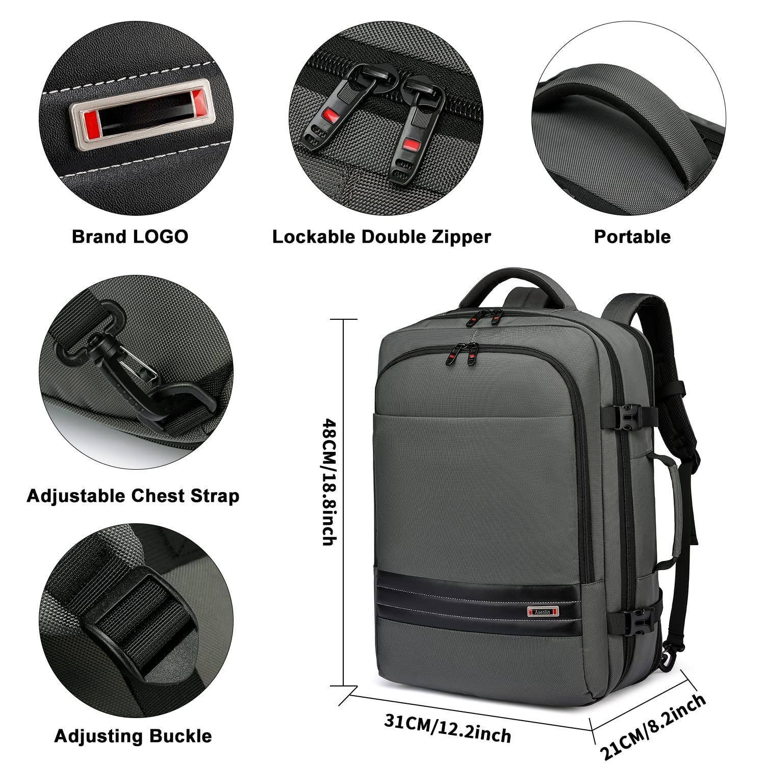 Left. Stamp n Camp - 40l 50l Travel Backpack For Women Men 18 Inch Laptop Flight Approved Luggage Carry On Water Resistant Overnight Large - Grey.