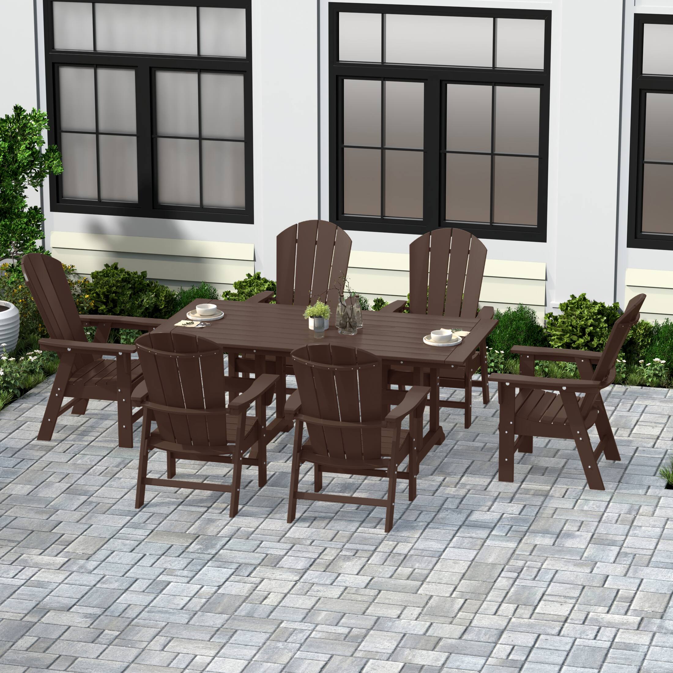 Angle. WestinTrends - WestinTrends Malibu 7 Piece Outdoor Patio Dining Table and Adirondack Armchair Set - Dark Brown.