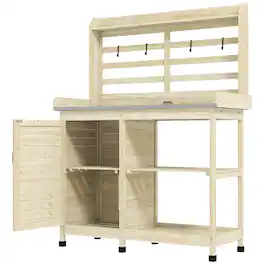 Outsunny - Potting Bench with Storage, Aluminum Tabletop for Backyard, Patio - Natural Wood