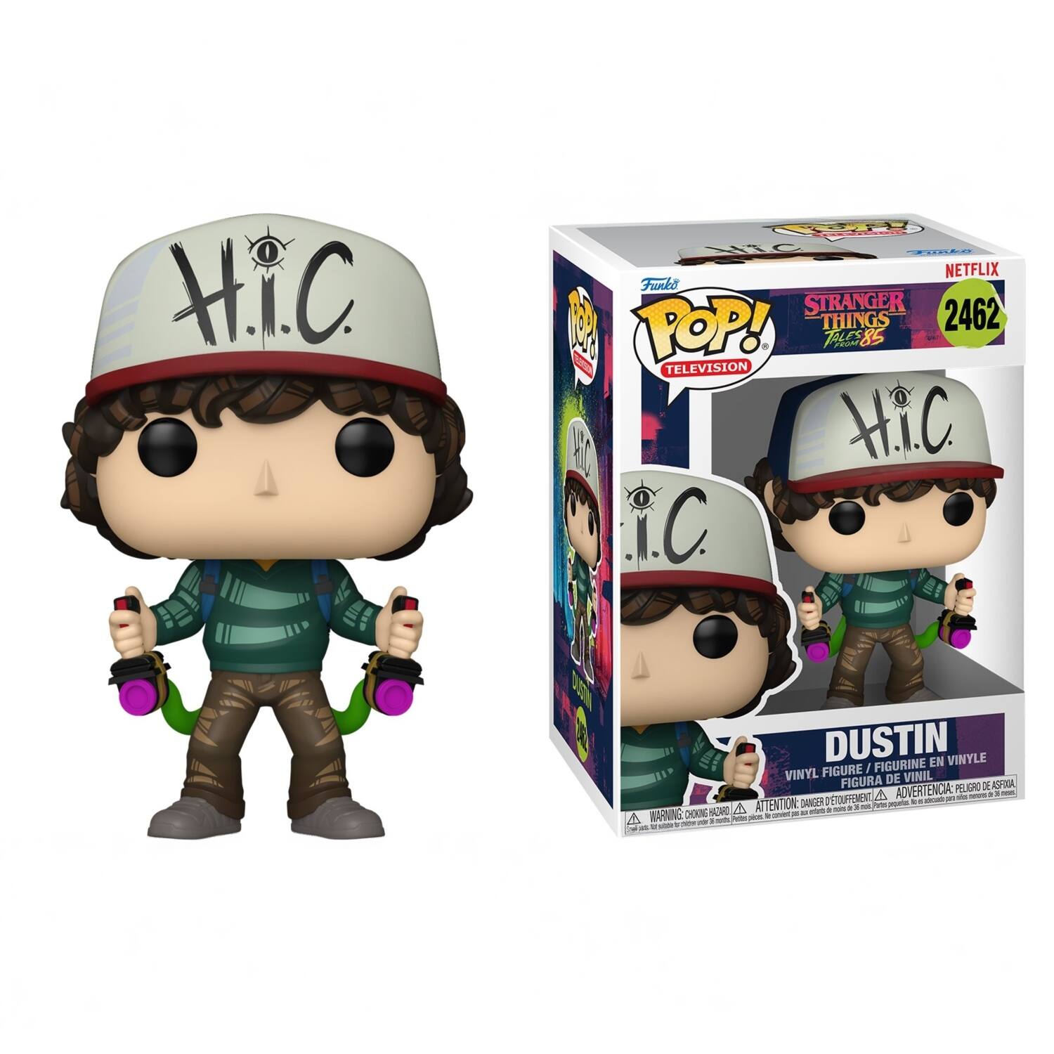 H.I.C.  
Hic Funko NETFLIX Funko STRANGER THINGS 2462 POP! TALES FROM 85 TELEVISION HIC i.C.  
DUSTIN FIGURINE EN VINYLE FIGURE I VINYL FIGURA DE VINIL  
VERTENCIA: LIGRO DE ASFIXIA, A serve - 15% - D'TOUFFENT, deport a the DANGER prts properias of CHOKING BAZARD 4 ATTENTION: de 2 drate : noids a Net noid  
WARNING: Potas paces. 2 univer, UT dor order $ noth: US 11 size