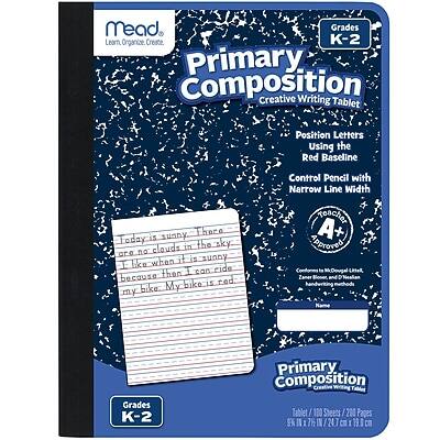 Mead  
Learn. Organize. Create.

Primary Composition  
Creative Writing Tablets

Grades K-2

Position Letters Using the Red Baseline Control Pencil with Narrow Line Width

Today is sunny. There are no clouds in the sky. I like when it is sunny because my bike is red. My bike is red.

Koacher Approved

Primary Composition  
Tablet / 100 Sheets / 200 Pages

Grades K-2

Conforms to D'Nealian Lettering  
24 Lines per Page

9%  
7%  
24 c  
13.1

4+