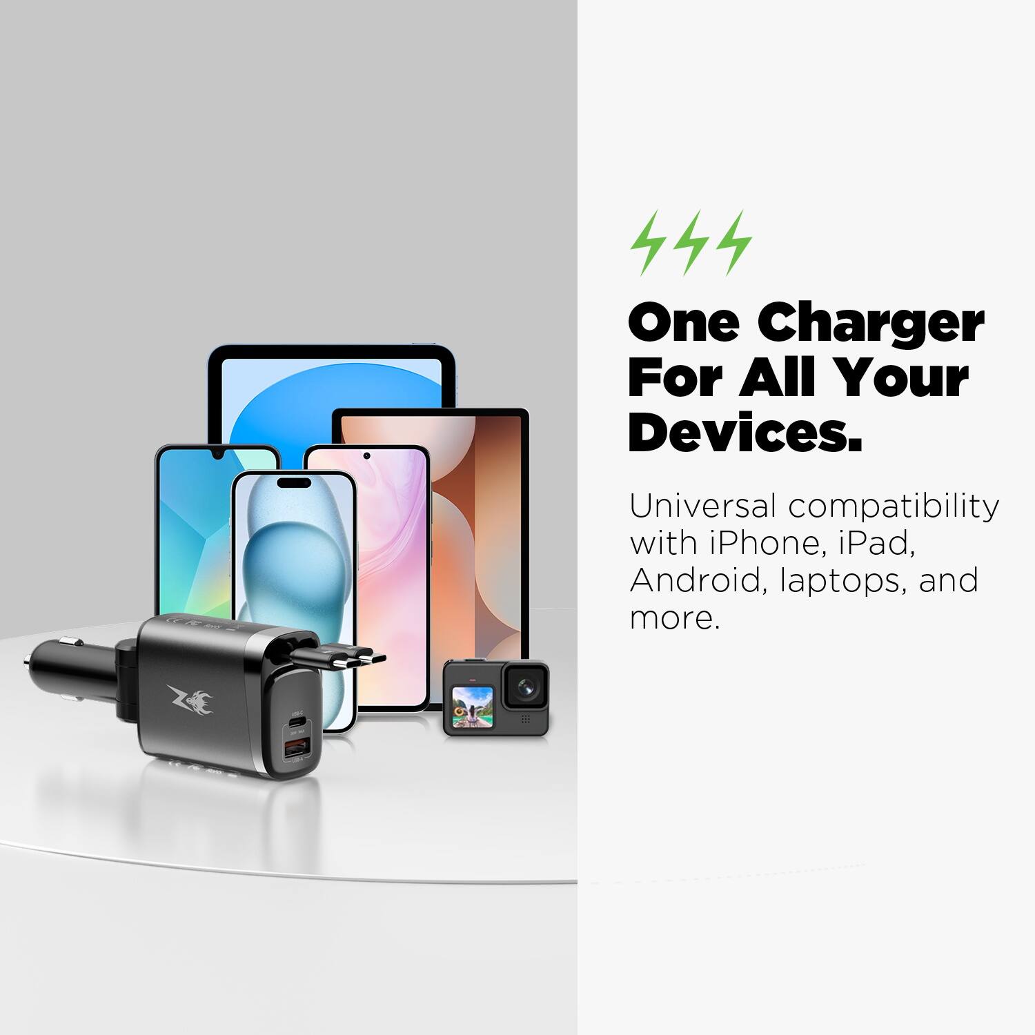 One Charger For All Your Devices.  
Universal compatibility with iPhone, iPad, Android, laptops, and more.