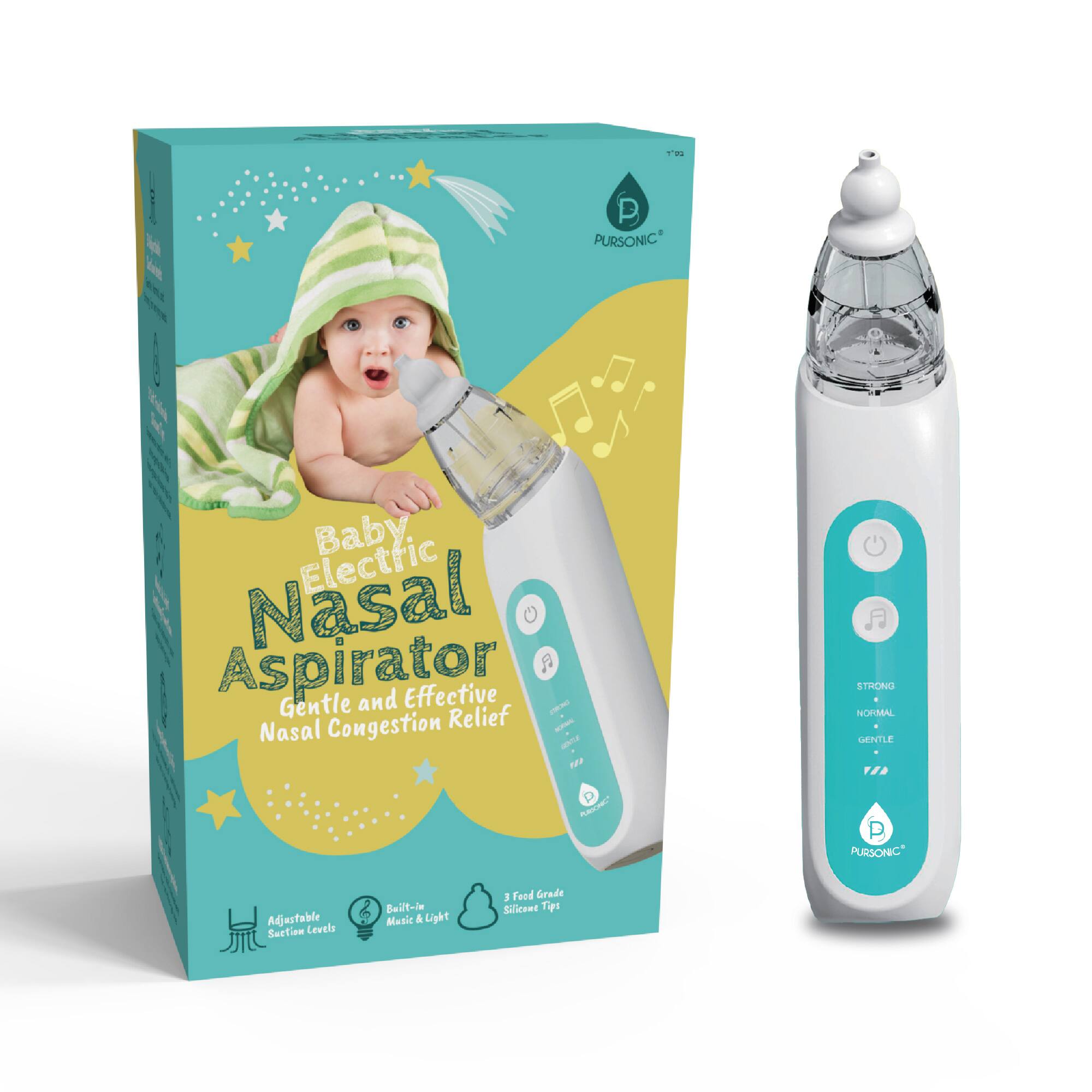 - Baby Electric Nasal Aspirator  
  Gentle and Effective Nasal Congestion Relief

- Adjustable Suction Levels

- Built-in Music & Light

- 3 Food Grade Silicone Tips

- STRONG  
  NORMAL  
  GENTLE