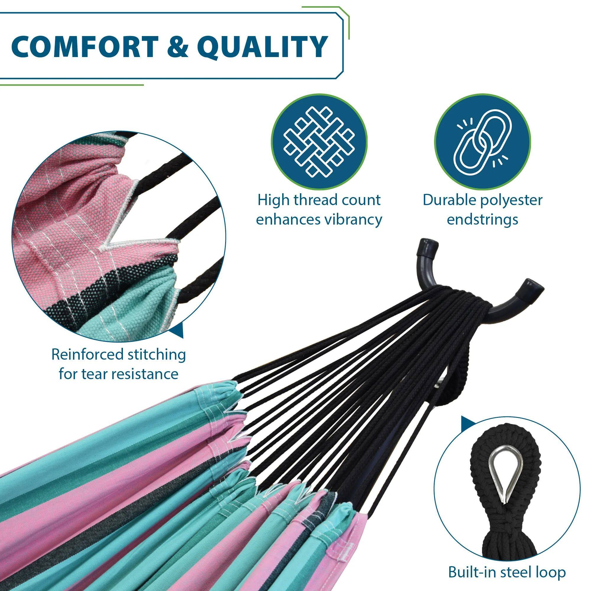 COMFORT & QUALITY

- High thread count enhances vibrancy
- Durable polyester endstrings
- Reinforced stitching for tear resistance
- Built-in steel loop