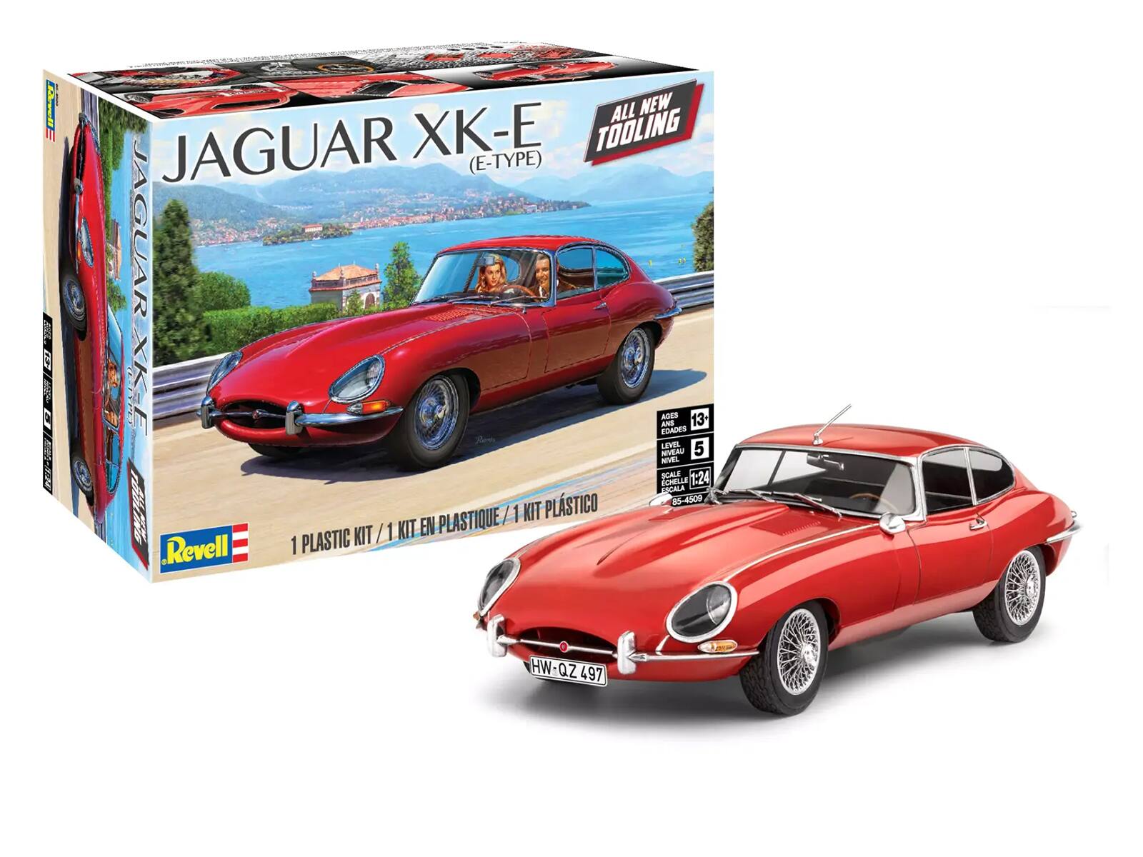 Hes 2 2 45 3  
ALL NEW JAGUAR XK-E TOOLING (E-TYPE)  
JAGUAR XK-E  
AGES EDAD NIVEL 5  
NIVAU NIVEL  
SCALE 1:24  
ESCALA  
PLASTIC KIT / 1 KIT EN PLASTIQUE / 1 KIT PLÁSTICO  
Revell  
HW QZ497  
QZ 497