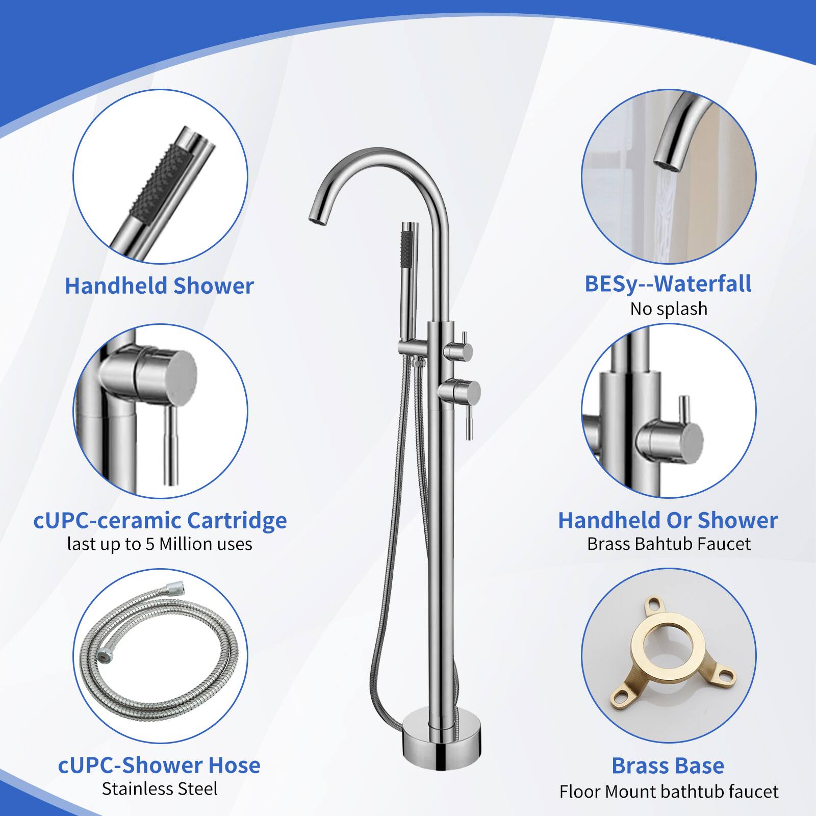 Handheld Shower  
BESy--Waterfall No splash  
cUPC-ceramic Cartridge last up to 5 Million uses  
Handheld Or Shower Brass Bathtub Faucet  
cUPC-Shower Hose Stainless Steel  
Brass Base Floor Mount bathtub faucet