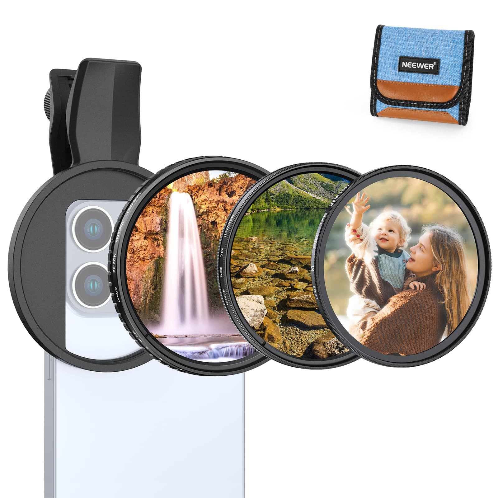 Neewer - 3-Pack 67mm Clip-On Filter Set for iPhone: CPL + ND2-32 + 1/4 Diffusion, FL-B37