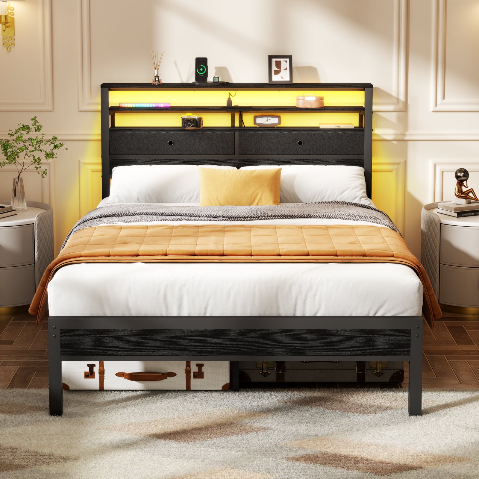 Furnulem - Bed Frame With RGB Led Lights Bed With Headboard Charging Station Oack - Black