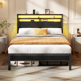 Furnulem - Bed Frame With RGB Led Lights Bed With Headboard Charging Station Oack - Black