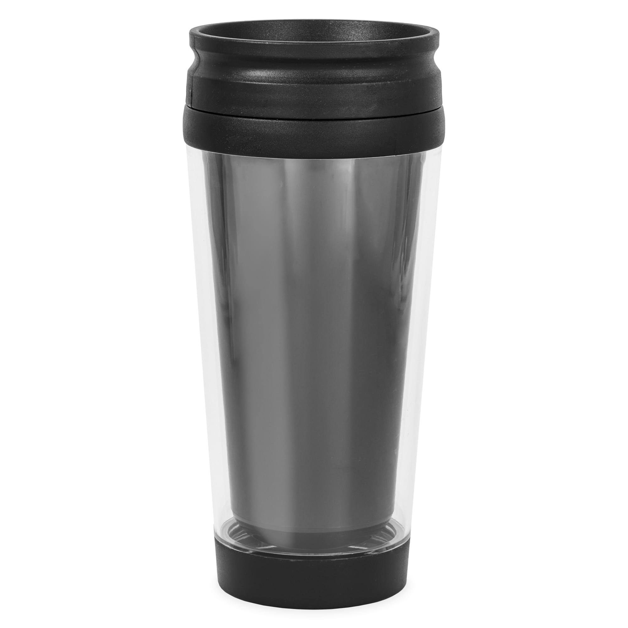 Front. Just Funky - Black 16oz Travel Mug w/ Lid - Black.