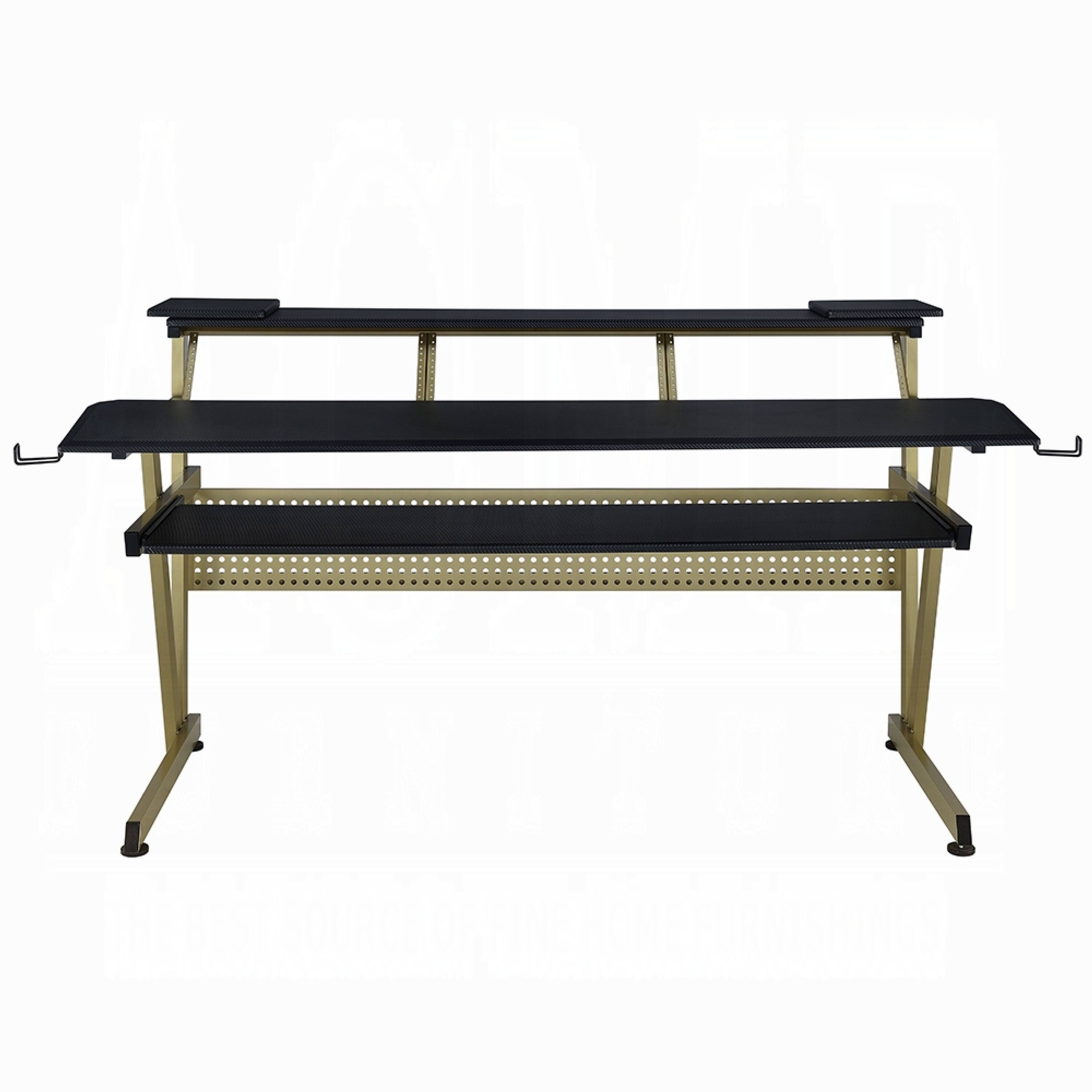Angle. Manhattan Lane - Vion 71 Inch Music Producer Desk for Computer, Black, 3 Tier Shelves - Black and Gold.