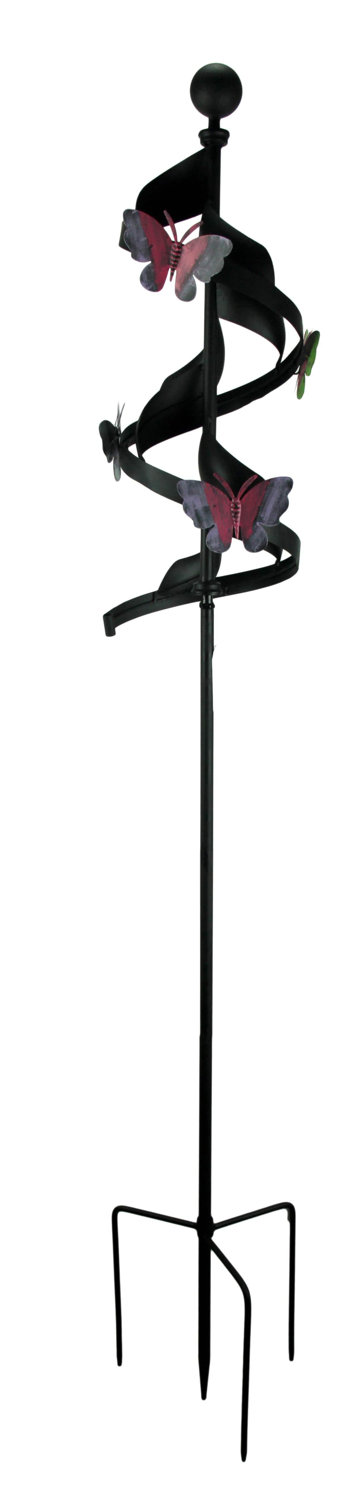 Compass Home - Metal Ribbon Pink Butterfly Wind Spinner Garden Stake - Black
