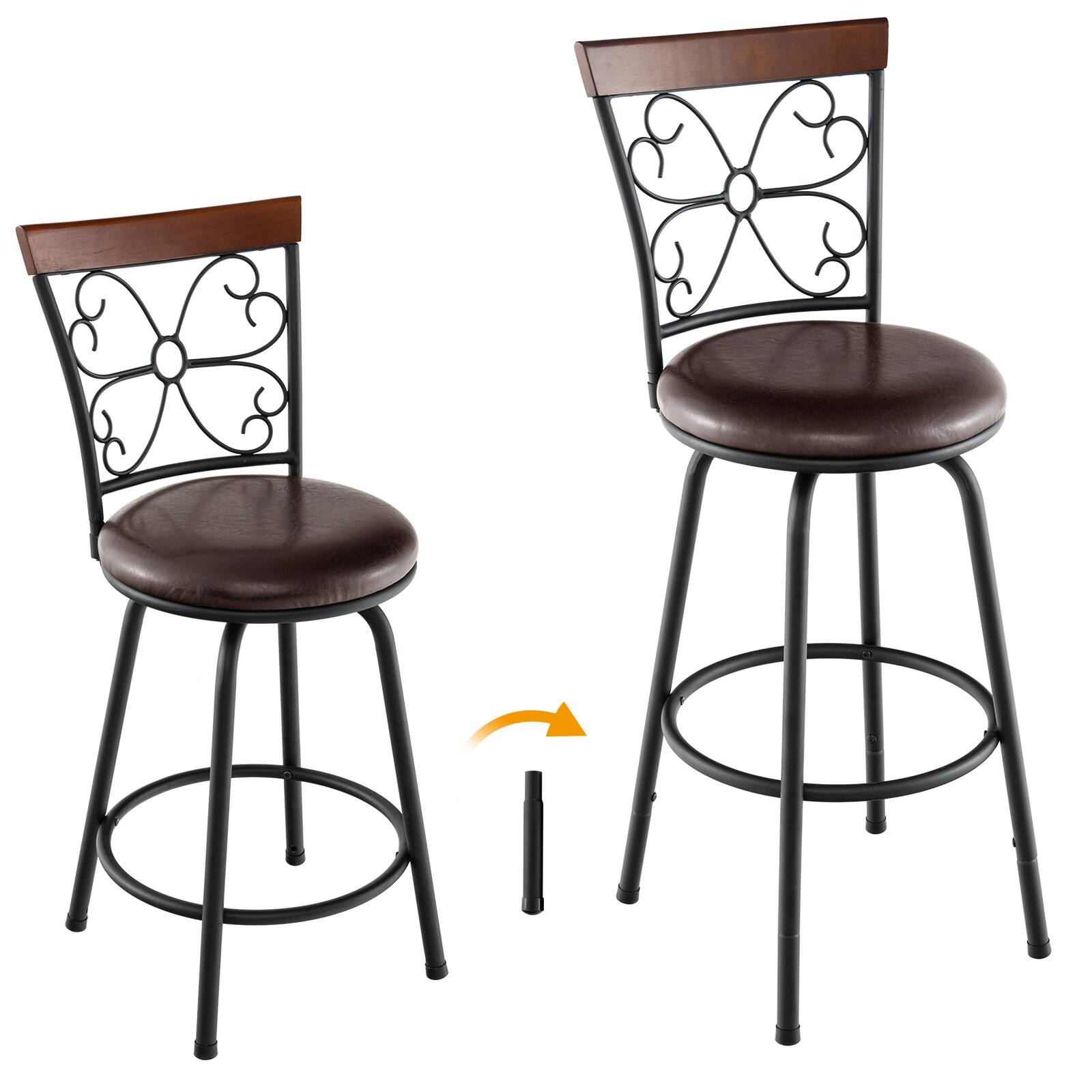 Alt View 3. Ecooso - 2 Pieces 24-30 Inch Adjustable PU Cushioned Swivel Barstools - Black.