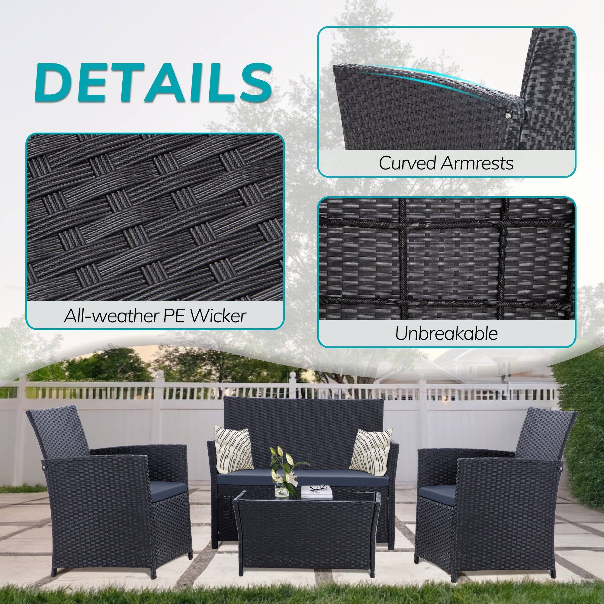 DETAILS  
- Curved Armrests  
- All-weather PE Wicker  
- Unbreakable