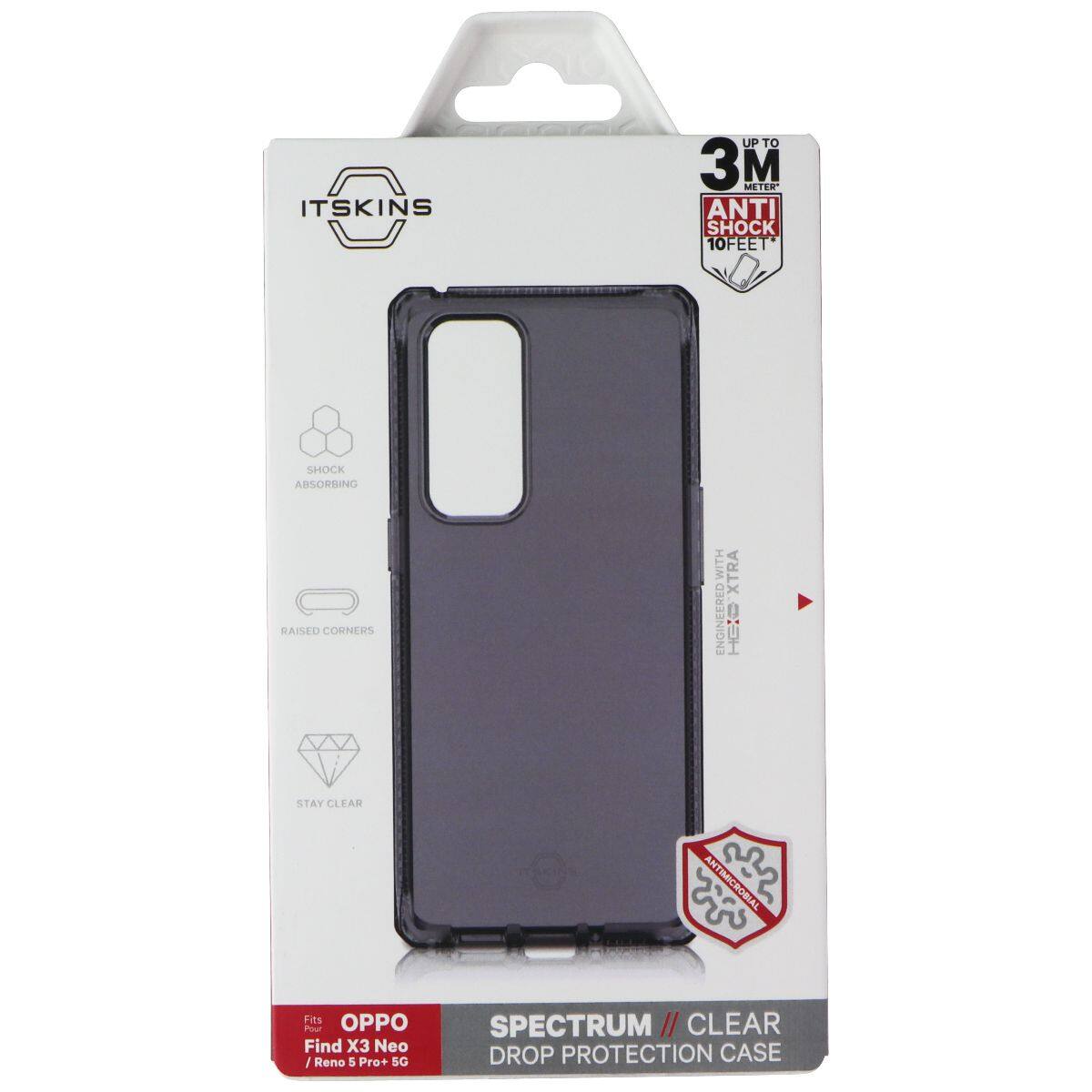 ITSKINS UP TO 3M METER ANTI SHOCK 10FEET SHOCK ABSORBING RAISED CORNERS WITH XTRA ENGINEERED WITH: STAY CLEAR ANTIMICROBIAL Fits OPPO Find X3 Neo Reno 5 Pro+ SG SPECTRUM I/ CLEAR DROP PROTECTION CASE