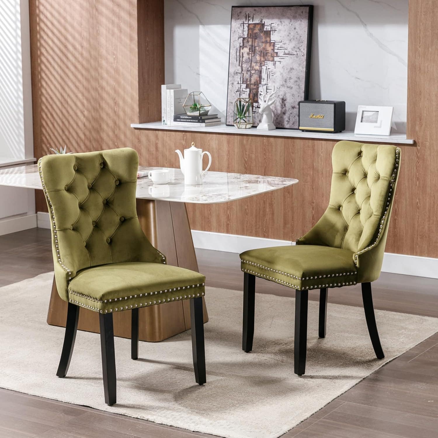 Trinkets Crazed - Velvet Dining Chairs Set of 2, Upholstered High-end Tufted Dining Room Chair with Wood Legs Nailhead Trim for Kitchen - Olive green