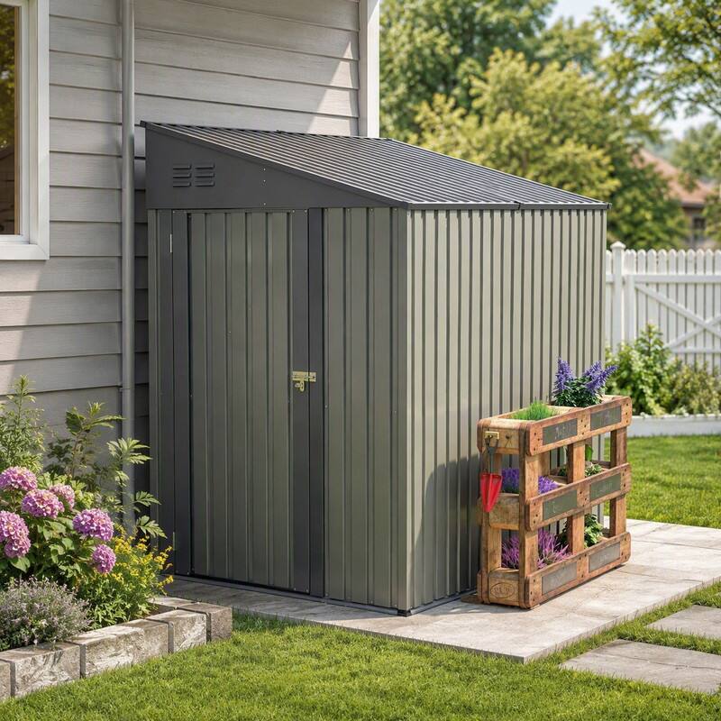 Angle. RYHNUYNE - 4x7 Ft Olive Grey Lean-To Steel Shed Garden Bicycle Shelter Wind-Resistant Lockable - Gray,Olive.