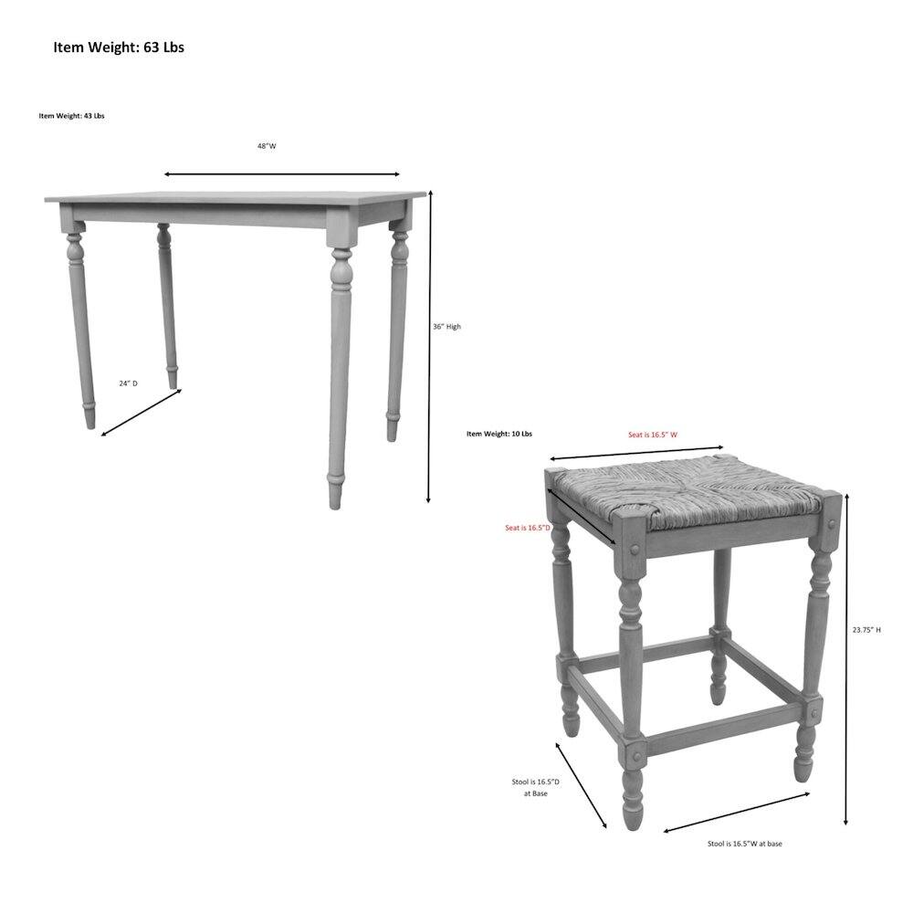 Item Weight: 63 Lbs  
Item Weight: 43 Lbs  
48"W  
36" High  
24"D  
Item Weight: 10 Lbs  
Seat is 16.5"W  
Seat - 16.5"D  
23.75" H  
Stool is 6.5"D at Base  
Stool is 16.5"W at Base