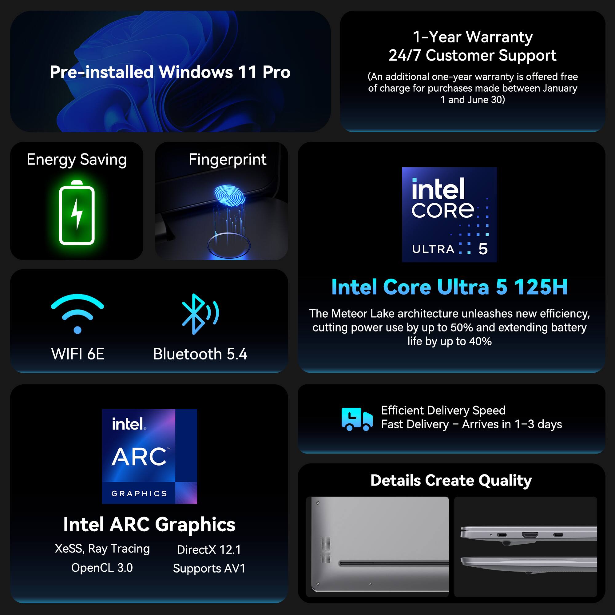 Pre-installed Windows 11 Pro  
1-Year Warranty  
24/7 Customer Support  
(An additional one-year warranty is offered free of charge for purchases made between January 1 and June 30)  

Energy Saving  
Fingerprint  
WIFI 6E  
Bluetooth 5.4  

Intel Core Ultra 5 125H  
The Meteor Lake architecture unleashes new efficiency, cutting power use by up to 50% and extending battery life by up to 40%  

Intel ARC Graphics  
XeSS, Ray Tracing  
DirectX 12.1  
OpenCL 3.0  
Supports AV1  

Efficient Delivery Speed  
Fast Delivery - Arrives in 1-3 days  

Details Create Quality