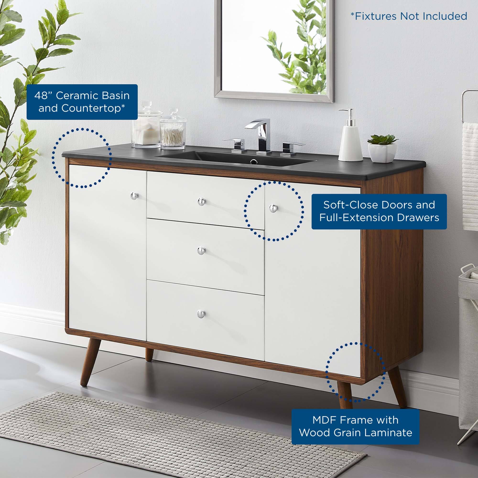 *Fixtures Not Included 48" Ceramic Basin and Countertop*  
Soft-Close Doors and Full-Extension Drawers  
MDF Frame with Wood Grain Laminate