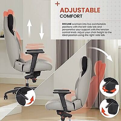 + ADJUSTABLE COMFORT  
RECUNE and lock into five comfortable positions with the left-side tab and personalize your support with the tension control knob. Adjust your chair height to the ideal position using the right-side tab.