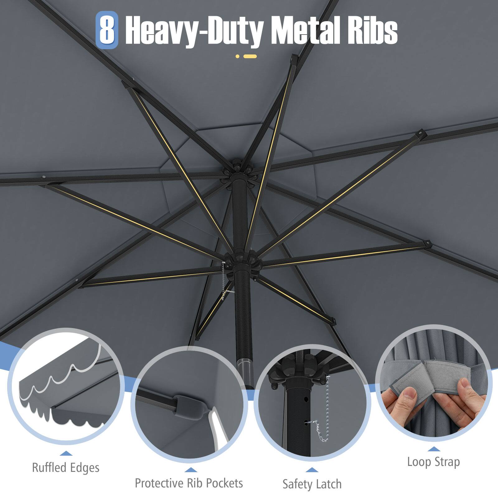 8 Heavy-Duty Metal Ribs: Ruffled Edges, Protective Rib Pockets, Safety Latch, Loop Strap