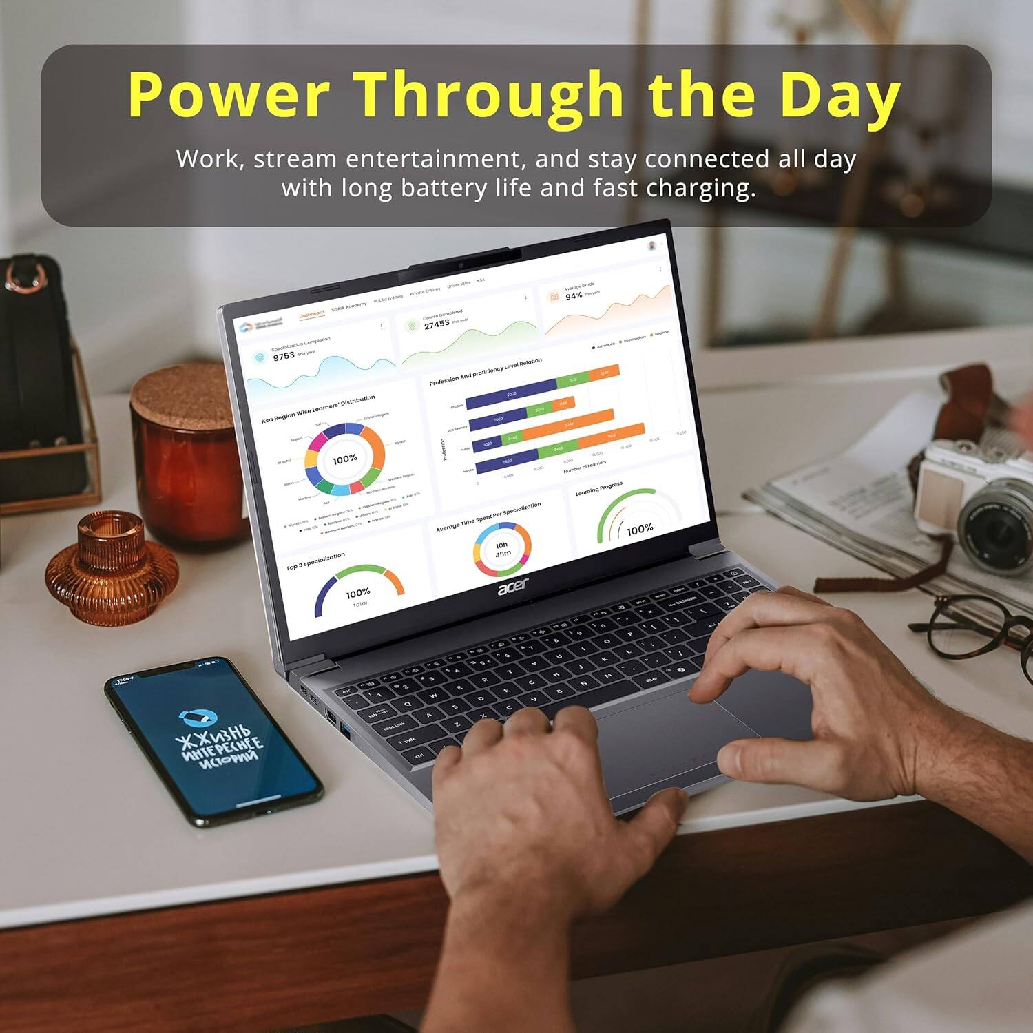 Power Through the Day

Work, stream entertainment, and stay connected all day with long battery life and fast charging.