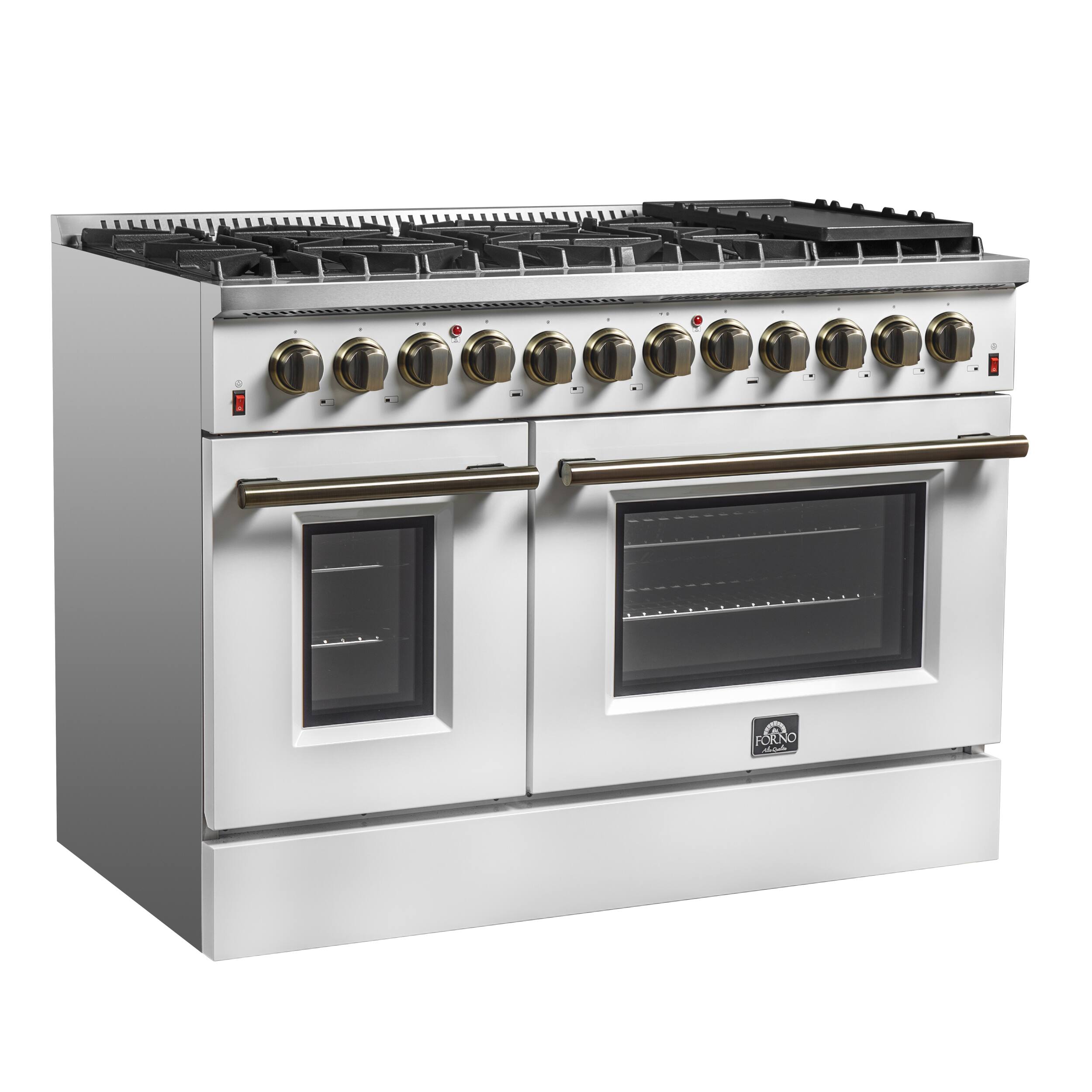 Left. Forno Appliances - 48 in. Wide 8 Burner Galiano 6.58 Cu. Ft. Freestanding Dual Fuel Range with Convection Oven and Griddle - White Door.