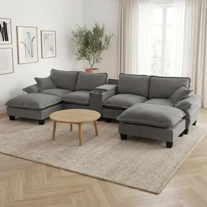 Front. Anysun - 4-Seat U-Shape Chenille Sailboat Cloud Sofa - Cup Holders, USB & Storage, Includes 2 Ottomans & 2 Pillows - Gray.