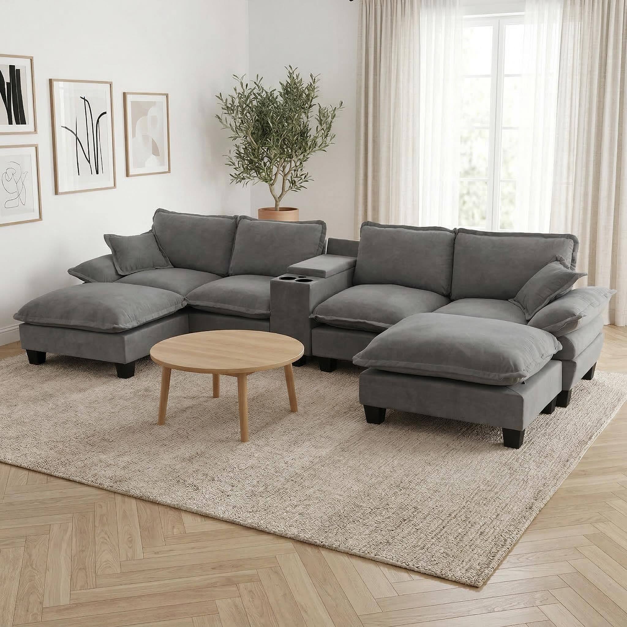 Front. Anysun - 4-Seat U-Shape Chenille Sailboat Cloud Sofa - Cup Holders, USB & Storage, Includes 2 Ottomans & 2 Pillows - Gray.