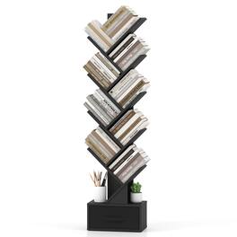 Costway - 9-Tier Tree Bookshelf with Drawer, Floor Standing Bookcase for Narrow Space - Black
