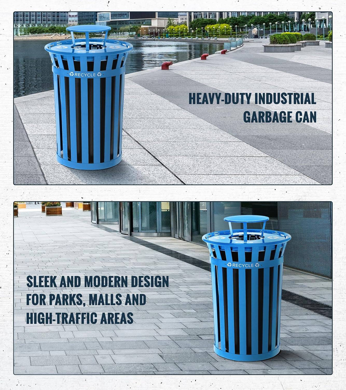RECYCLE, HEAVY-DUTY INDUSTRIAL GARBAGE CAN, SLEEK AND MODERN DESIGN FOR PARKS, MALLS AND HIGH-TRAFFIC AREAS, RECYCLE